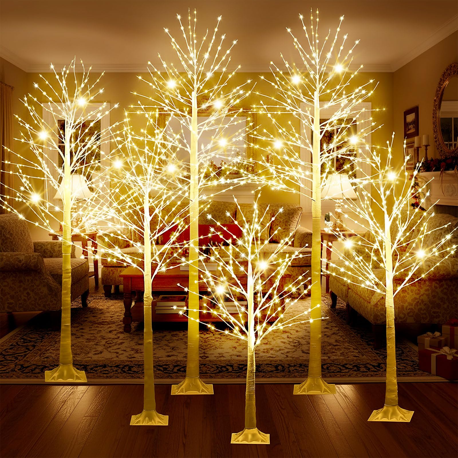 Baquler 6 Pack Lighted Birch Tree - 4 5 6 7 8 Large Christmas Warm-White LED 8 Mode Light Birch Tree Decoration Set for Tha