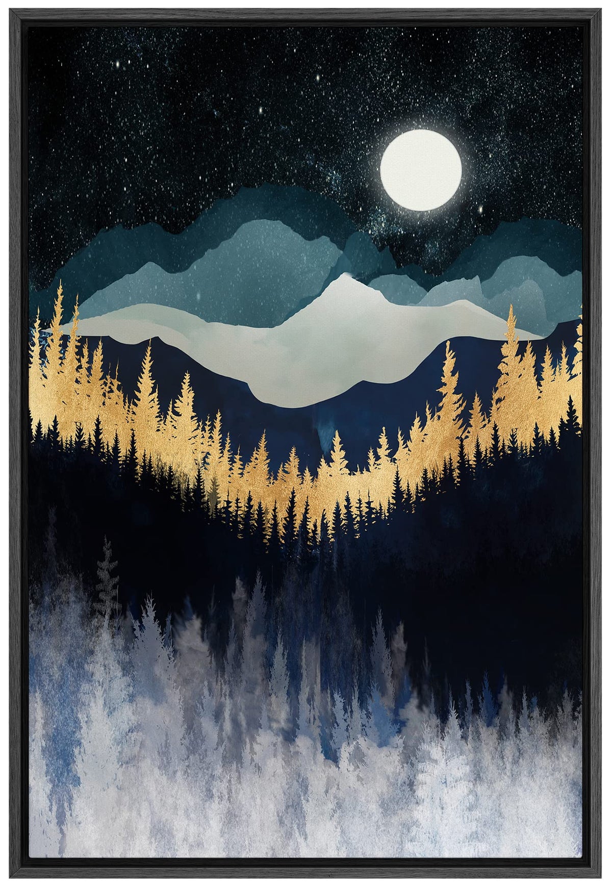 Signford Framed Canvas Print Wall Art Moonlight Sky Blue Gold Mountain Forest Nature Wilderness Illustrations Modern Art Decorat