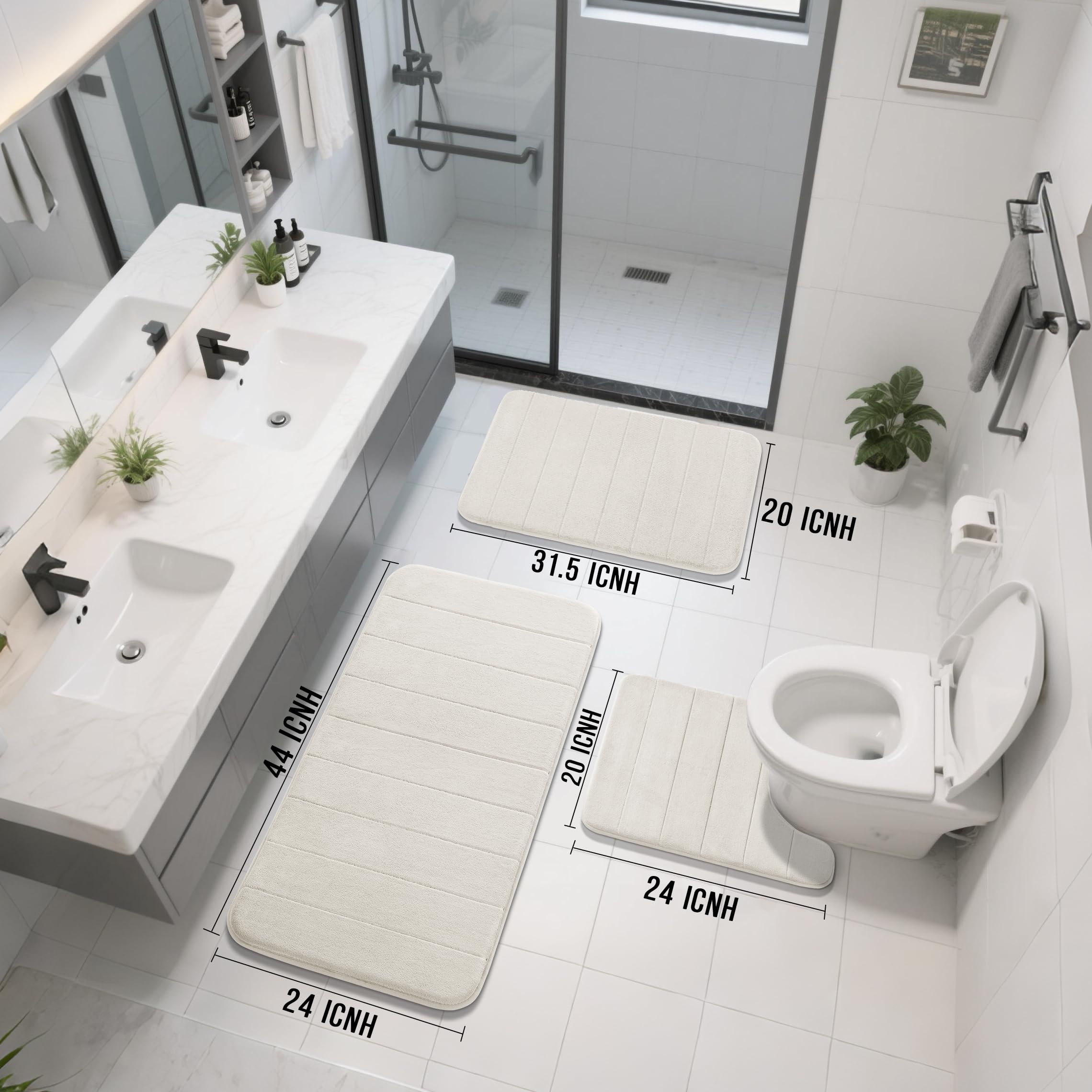 Yimobra 3 Pieces Memory Foam Bath Mat Sets  44.1x24 + 17x24 and U-Shaped for Bathroom Rugs  Toilet Mats  Non-Slip  Soft Comfortable  Water Absorption  Machine Washable  Cream White