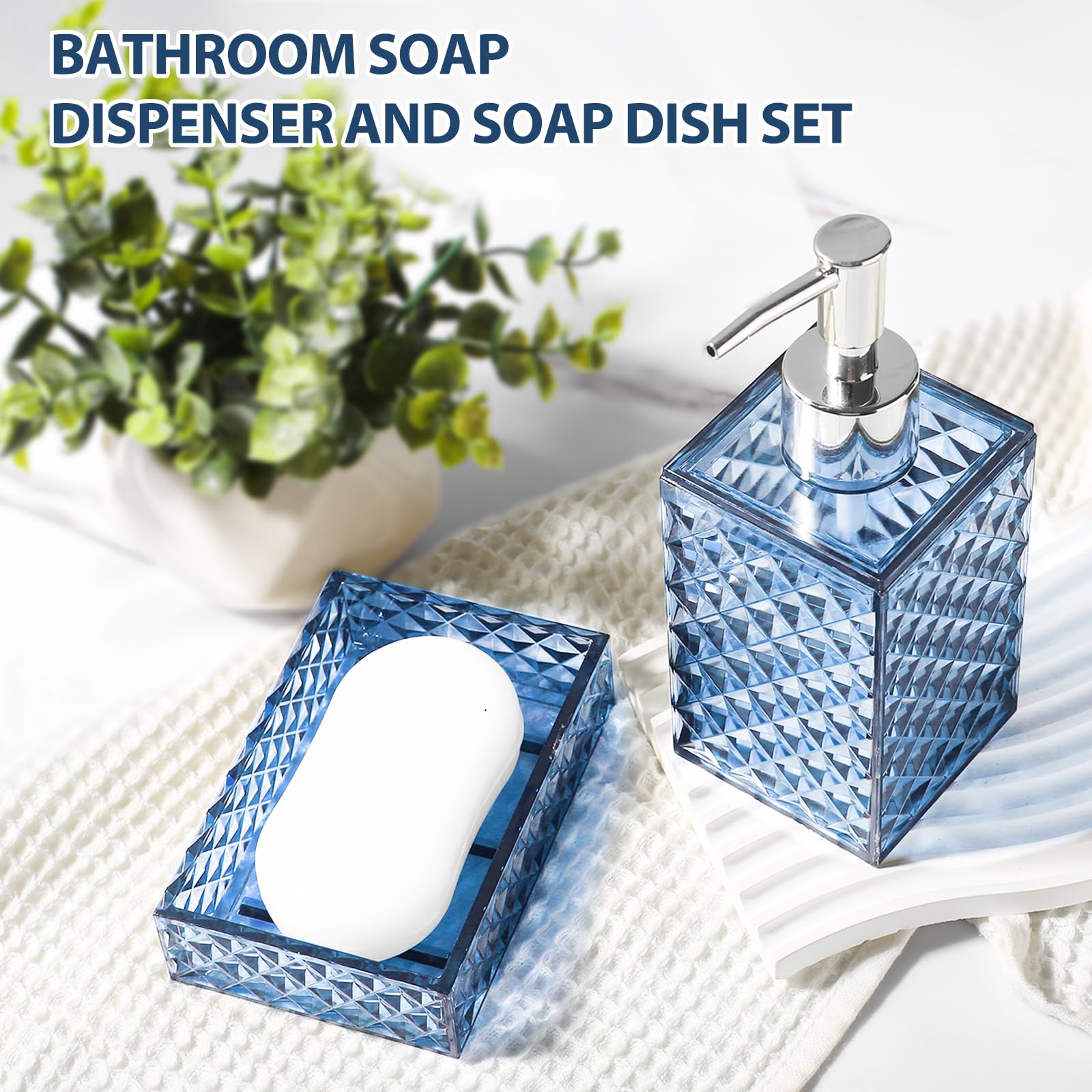 Rytoxilo Bathroom Accessories Set, 4 Pack Blue Acrylic Bath Accessory Sets Complete, Diamond Soap Dispenser And Toothbrush Holde
