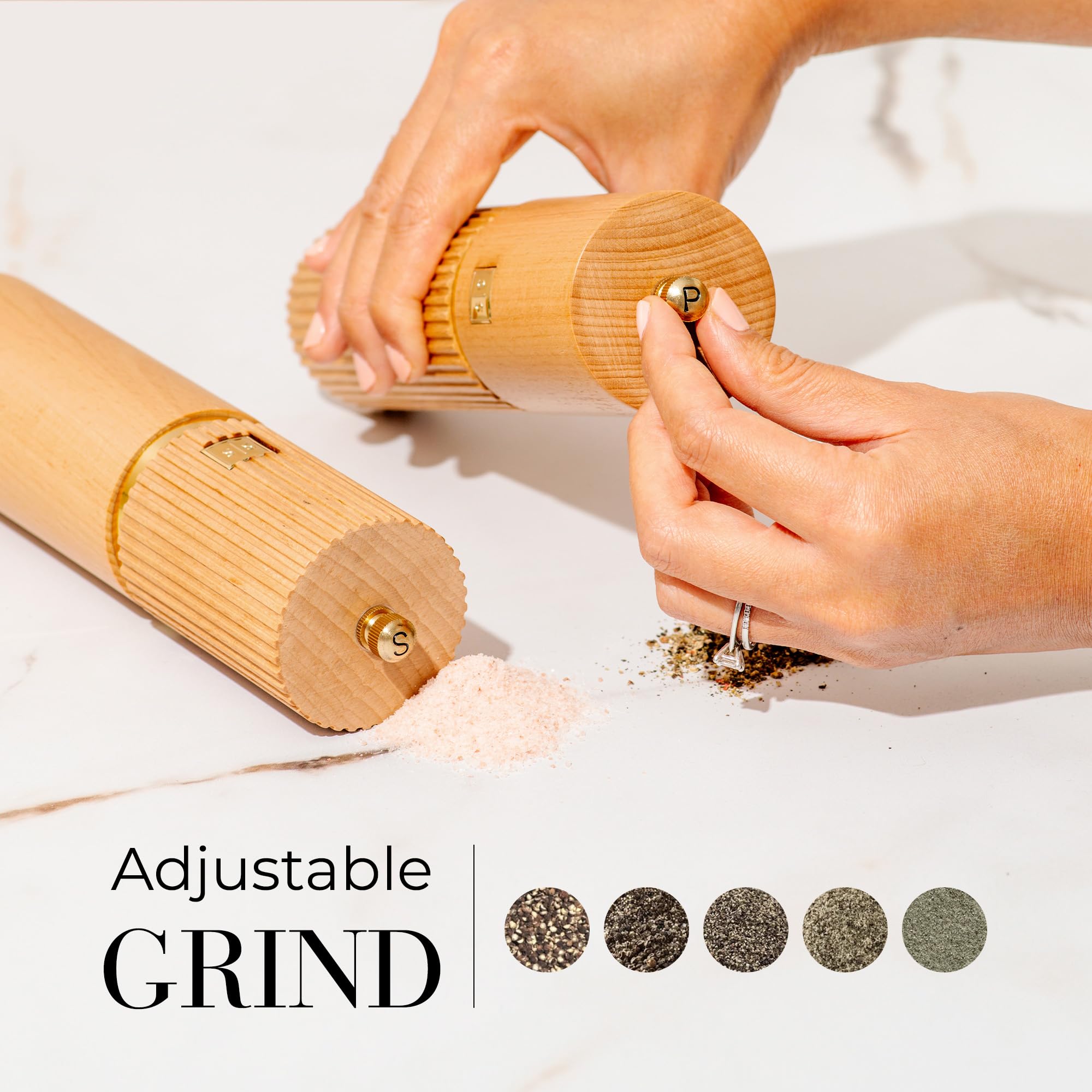 Styled Settings Wooden Salt And Pepper Grinder Set With Gold Accents - Refillable Wooden Manual Salt And Pepper Mill Set With Ad