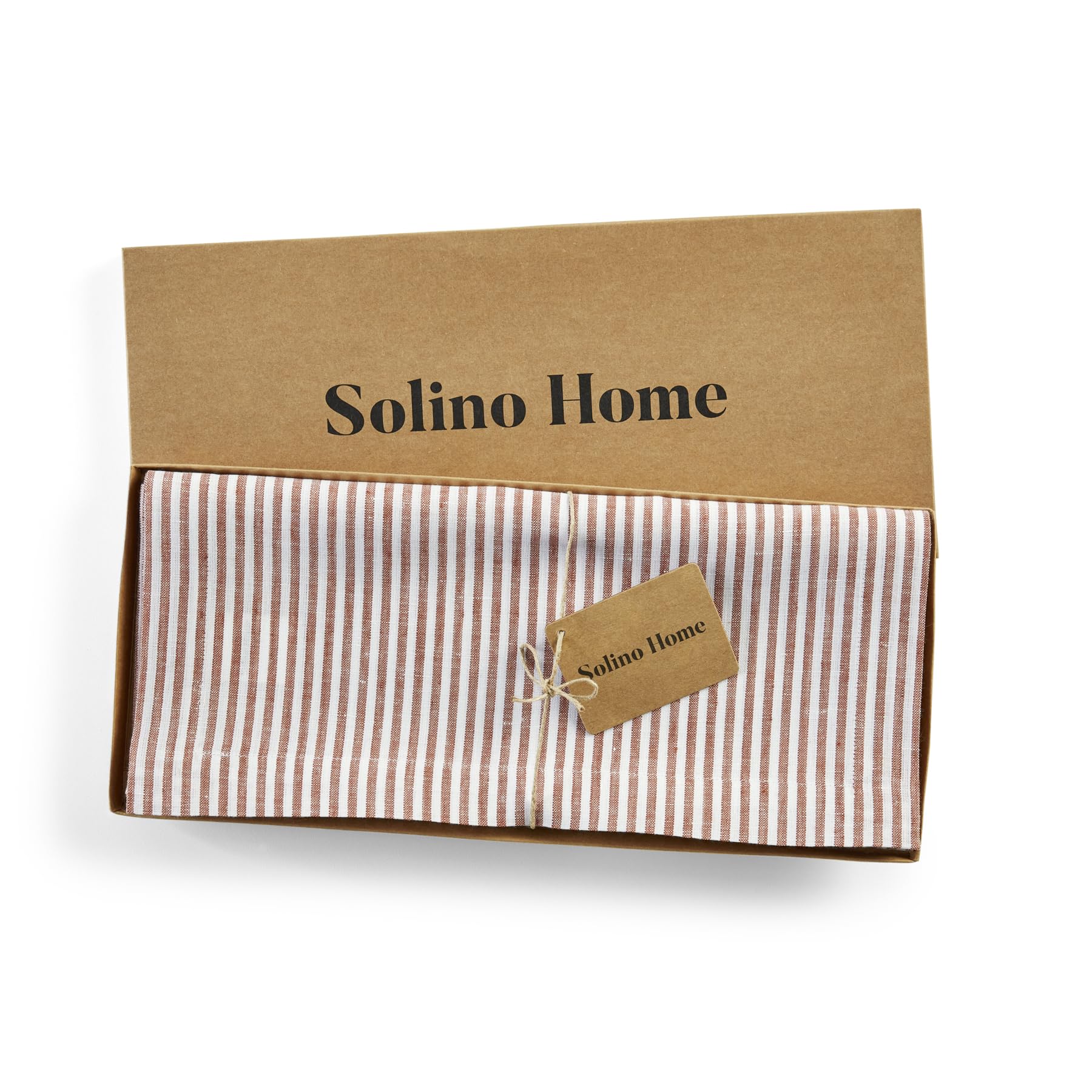 Solino Home Stripe Linen Table Runner 108 Inches Long - 100% Pure Linen Cinnamon And White Dining Table Runner 14 X 108 Inch Ide