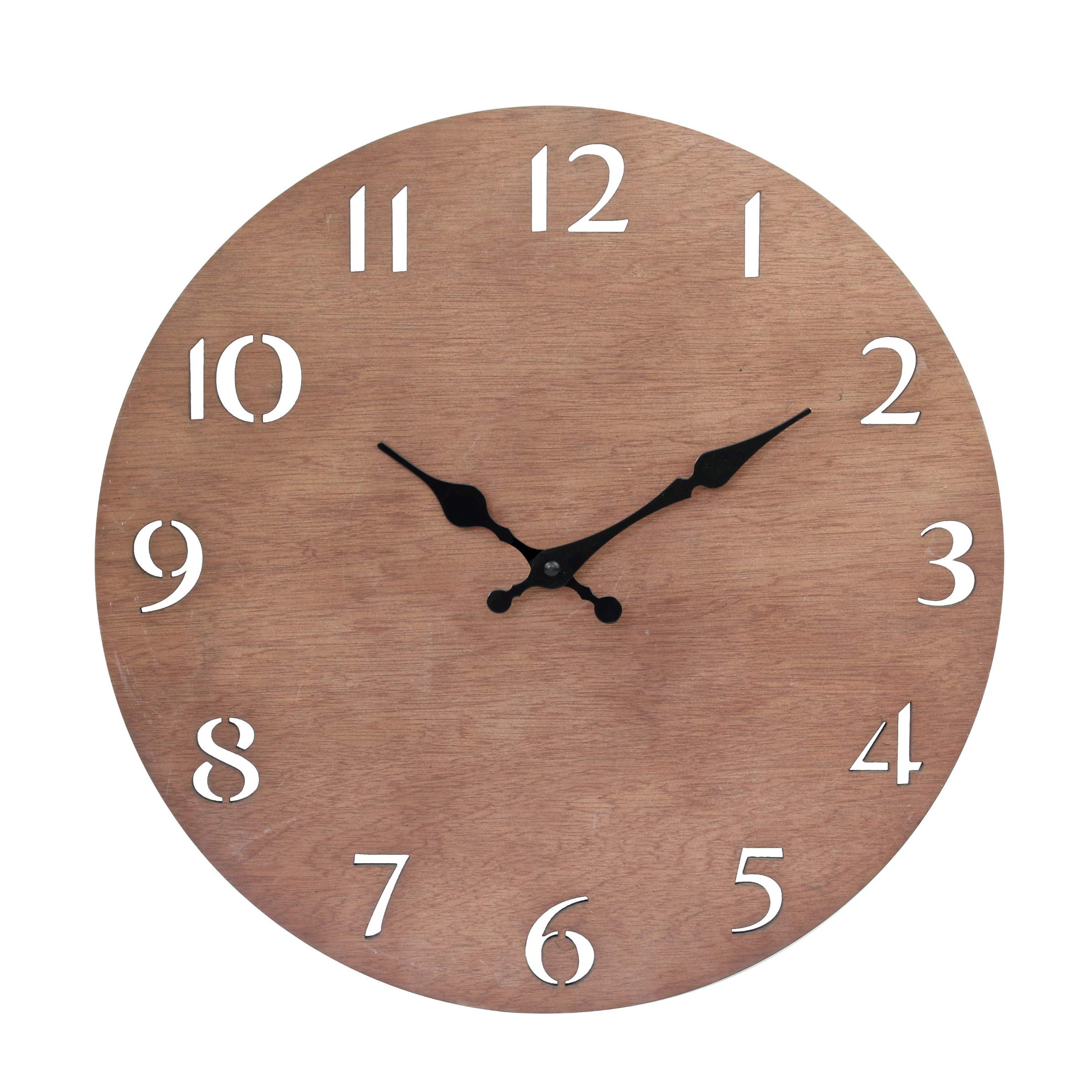 Stonebriar Modern Natural Wood 14 Inch Round Hanging Wall Clock With Cut Out Numbers, Battery Operated, Brown