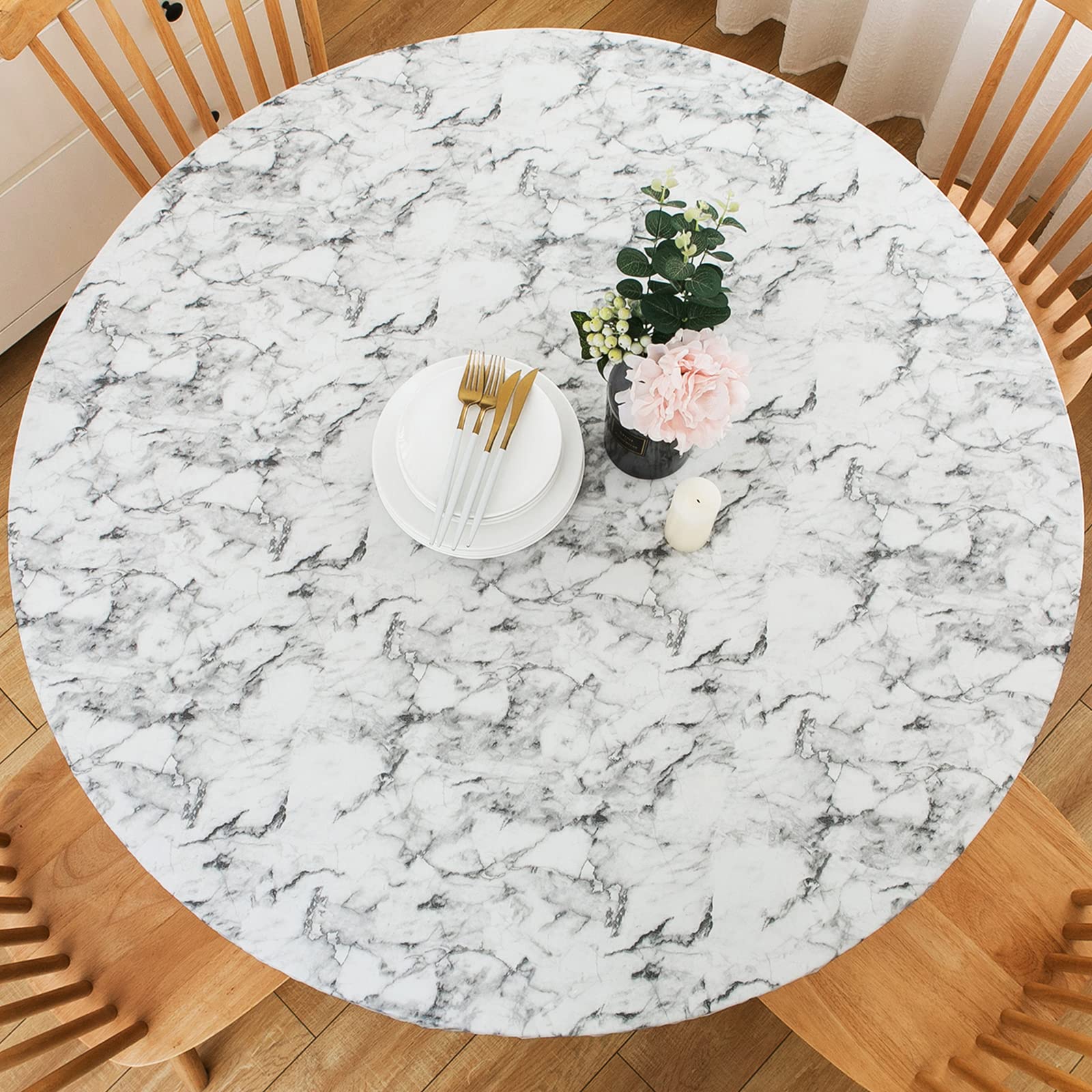 Liberecoo Round Vinyl Fitted Tablecloth With Flannel Backing Elastic Edge Plastic Table Cover Waterproof Table Cloth Stain-Resis