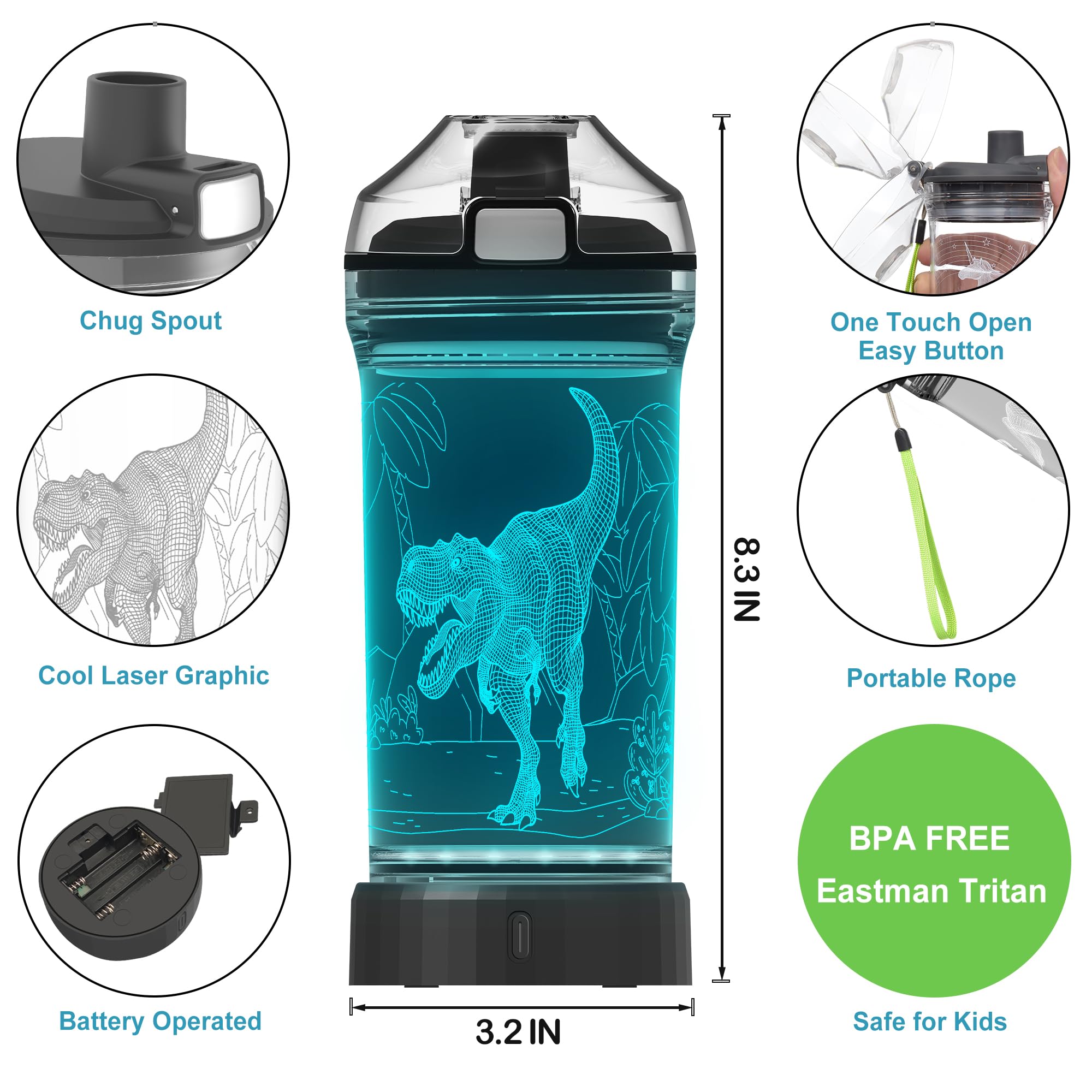 Okiyid Kids Water Bottle With 3D Light-Up Led Lights - Bpa Free - Perfect For Back-To-School Season, Girls, Boys, Kids, Holiday