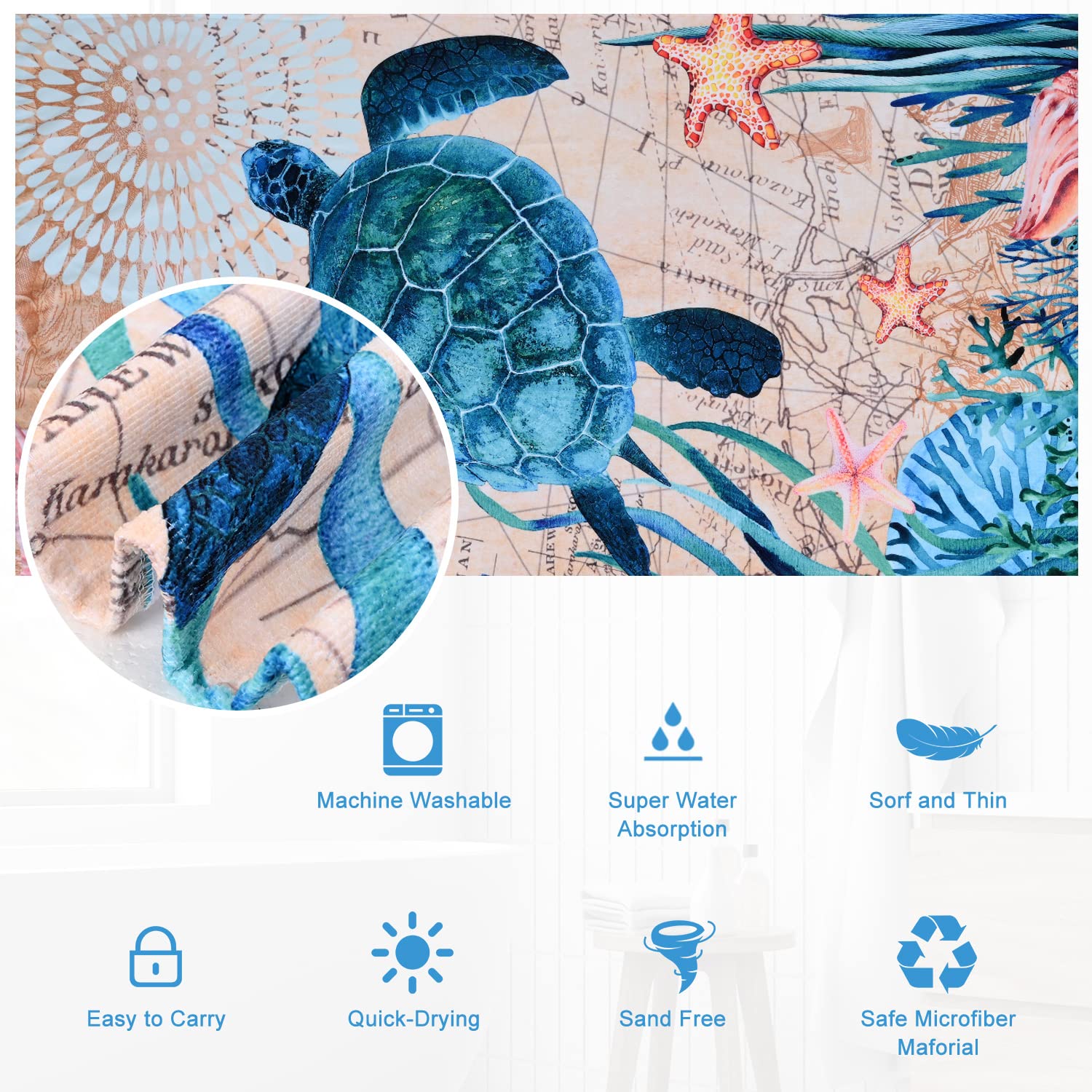 Livilan Sea Turtle Beach Towel, 30   X60    For Adults, Women, Kids, Microfiber, Oversized, Perfect For Swim, Pool, Bath, Yoga,
