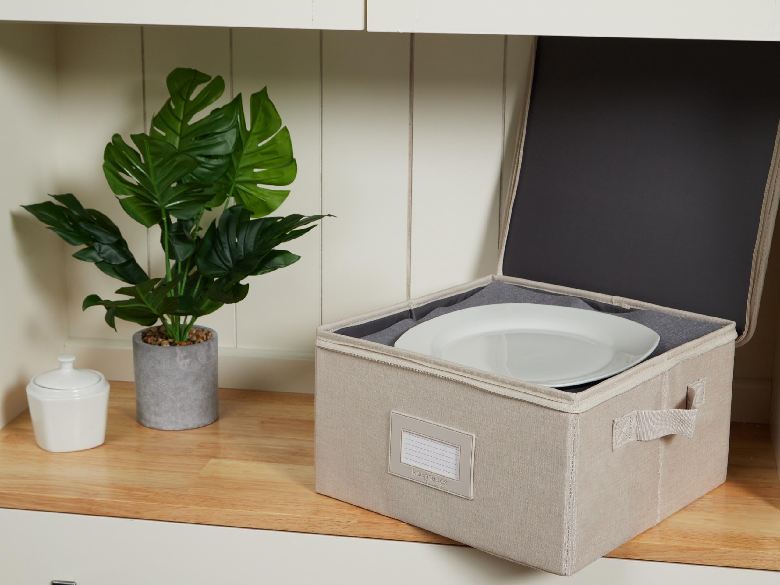Covermates Keepsakes Dish Storage Box - Stackable, Reinforced Handles, China Storage-Beige Heather