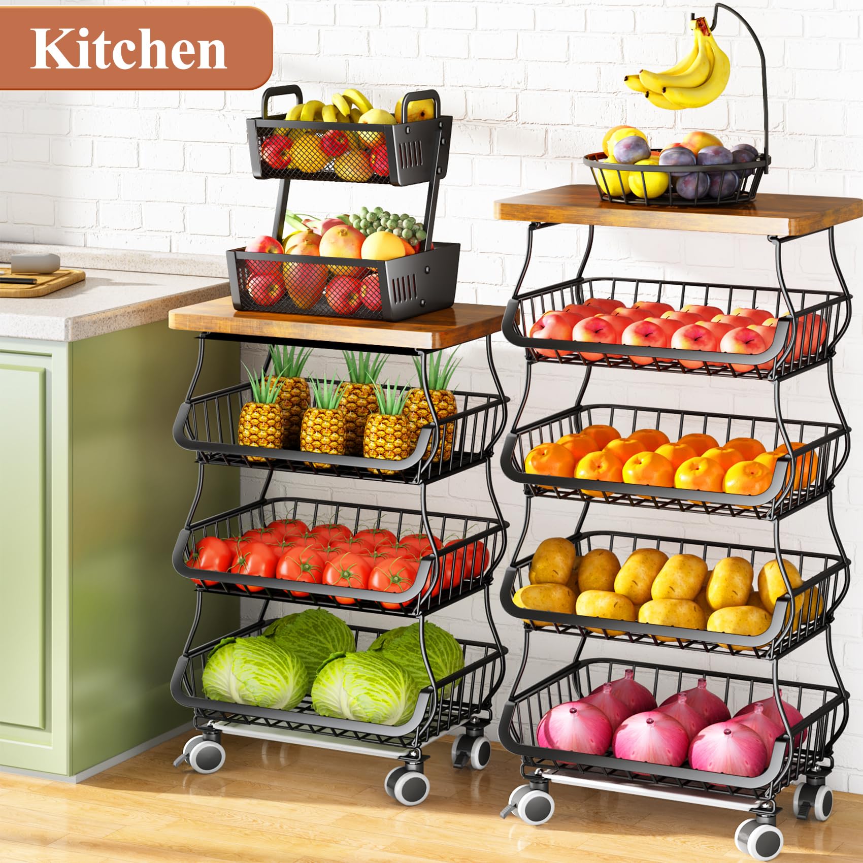 Fruit Basket Kitchen Pantry Organizers And Storage - Wooden Top Table, Stackable Metal Wire Basket Stand Cart For Fruit Vegetabl