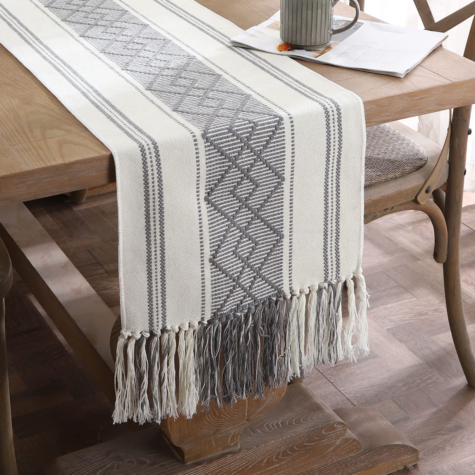 Lufeijiashi Woven Table Runners Farmhouse Style,Boho Table Runners 90 Inches Long With Tassels Elegant Washable Table Runners Fo
