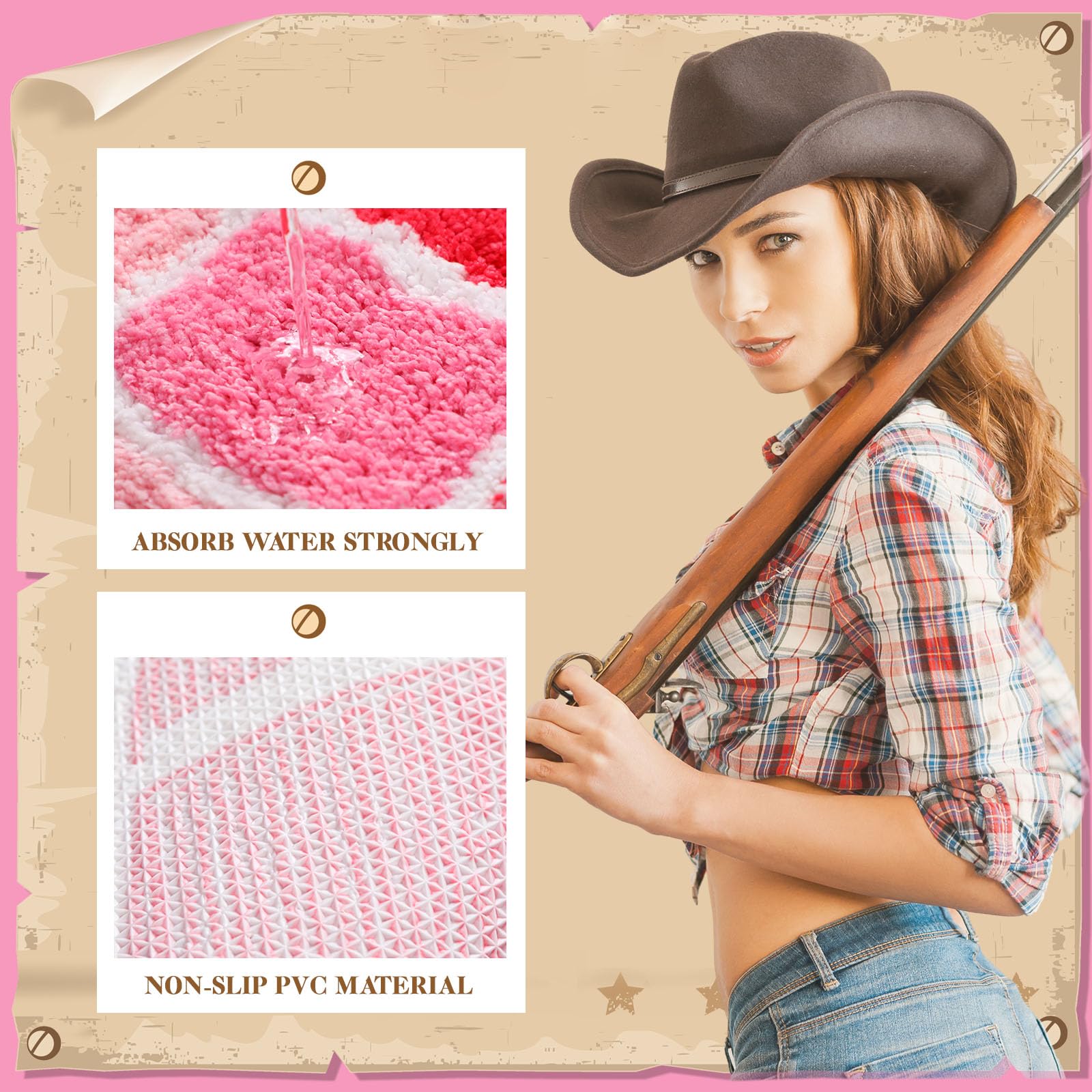 Drydiet Western Cowboy Bathroom Rug Cowgirl Mat Bath Mat Shower Pink Cowboy Valentine'S Day Mat Bathroom Decoration Rug Non Slip
