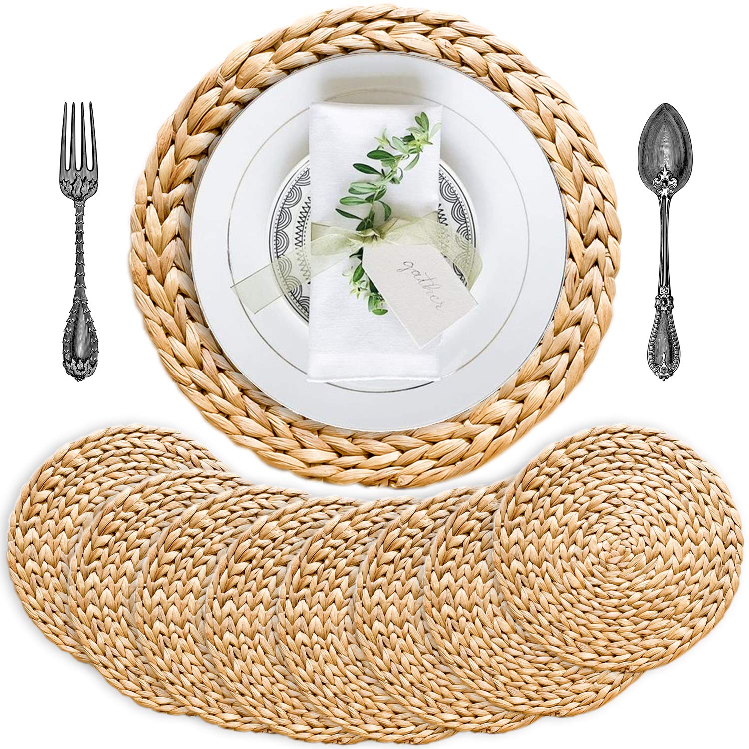 Boho Placemats Set Of 8, Round Placemats For Dining Table, Water Hyacinth Wicker Placemats, Straw Placemats, Round Woven Placema