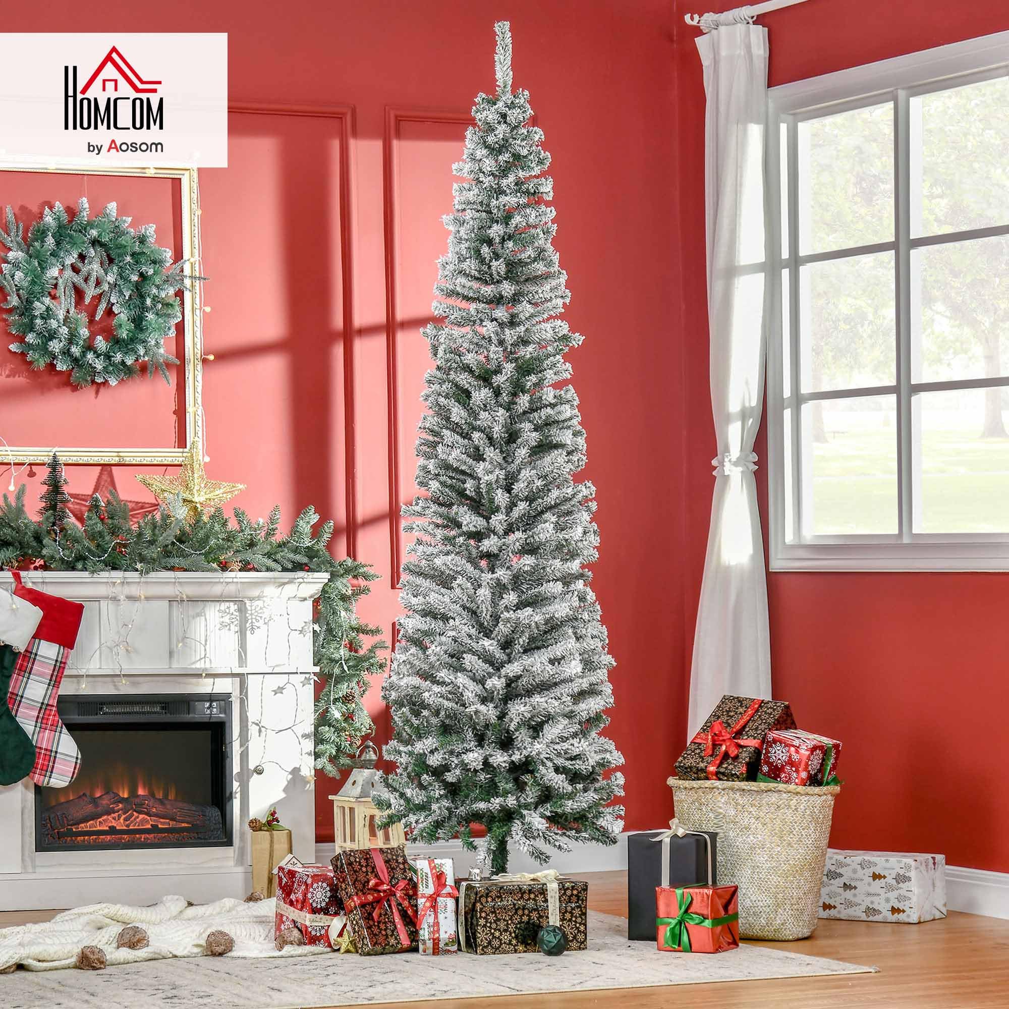 HOMOM 7.5ft Flocked Christmas Tree, Pencil Artificial Xmas Tree with Faux Snow, Dense Branches, Foldable Metal Base for Indoor H