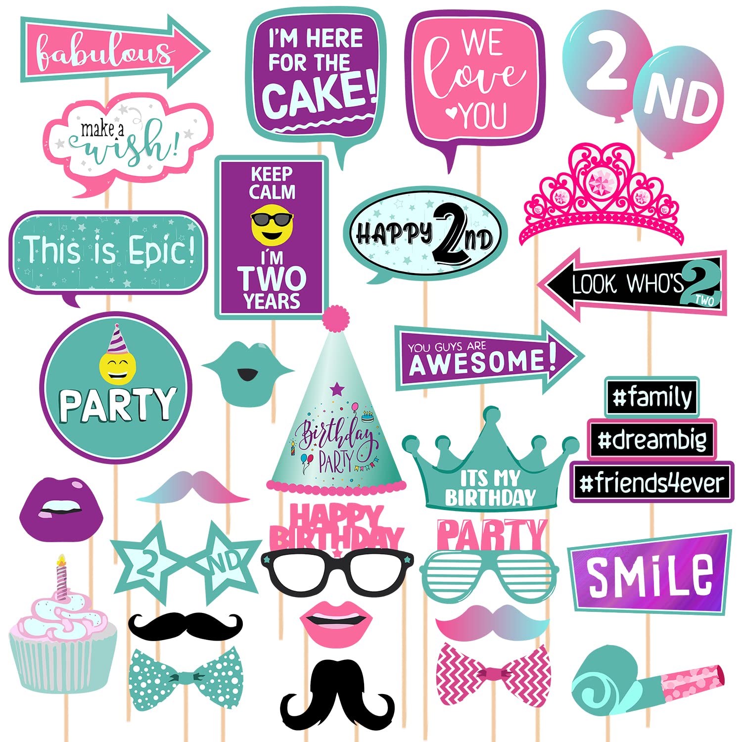 Zyozique 30 Pieces 2nd Birthday Photo Booth Props Kit Colorful Funny Kids 2nd Birthday Theme Celebration Decorations