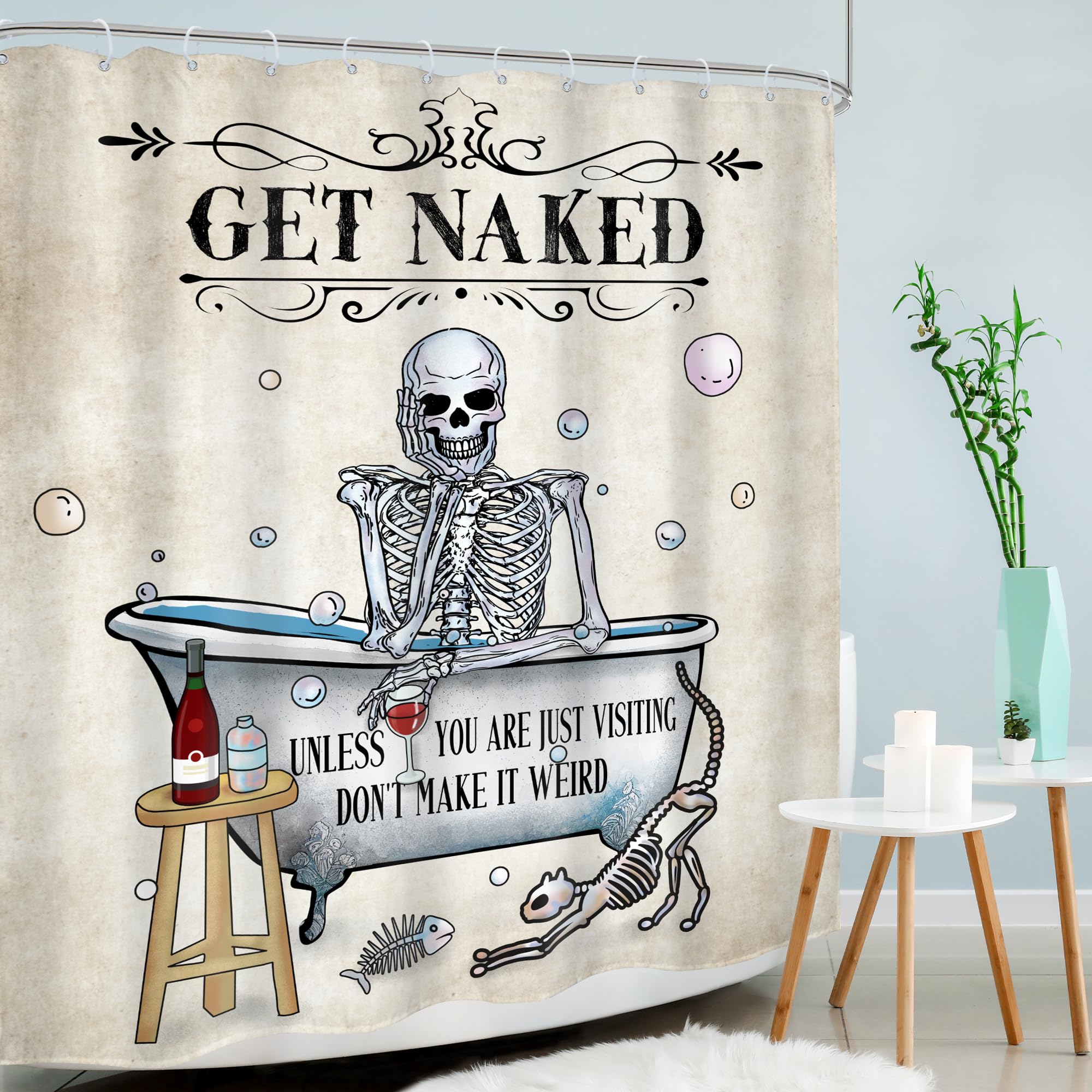 Mitpok Funny Skull Skeleton Shower Curtain 60Wx72H Gothic Spooky Cool Horror Unique Bone In Bathtub Bubbles Cat Fish Retro Scary
