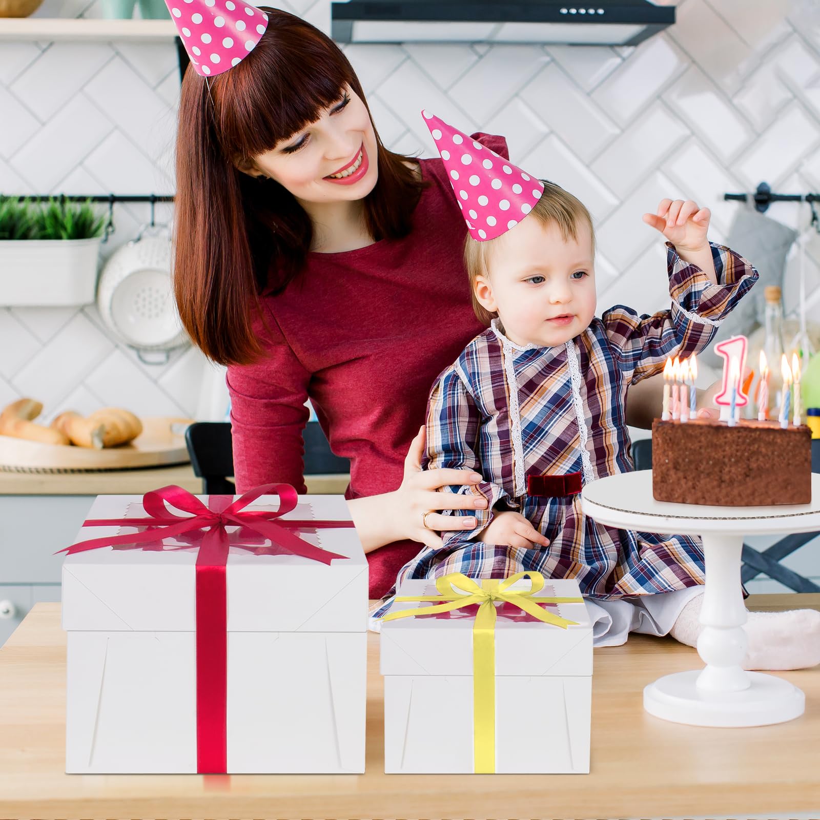 Sudaya 3Pcs 10x10x5 Cake Boxes with Window, Cake Boxes 10 inch withTall Cakes Boards Ribbon Stickers, 10in Disposable Bakery Con