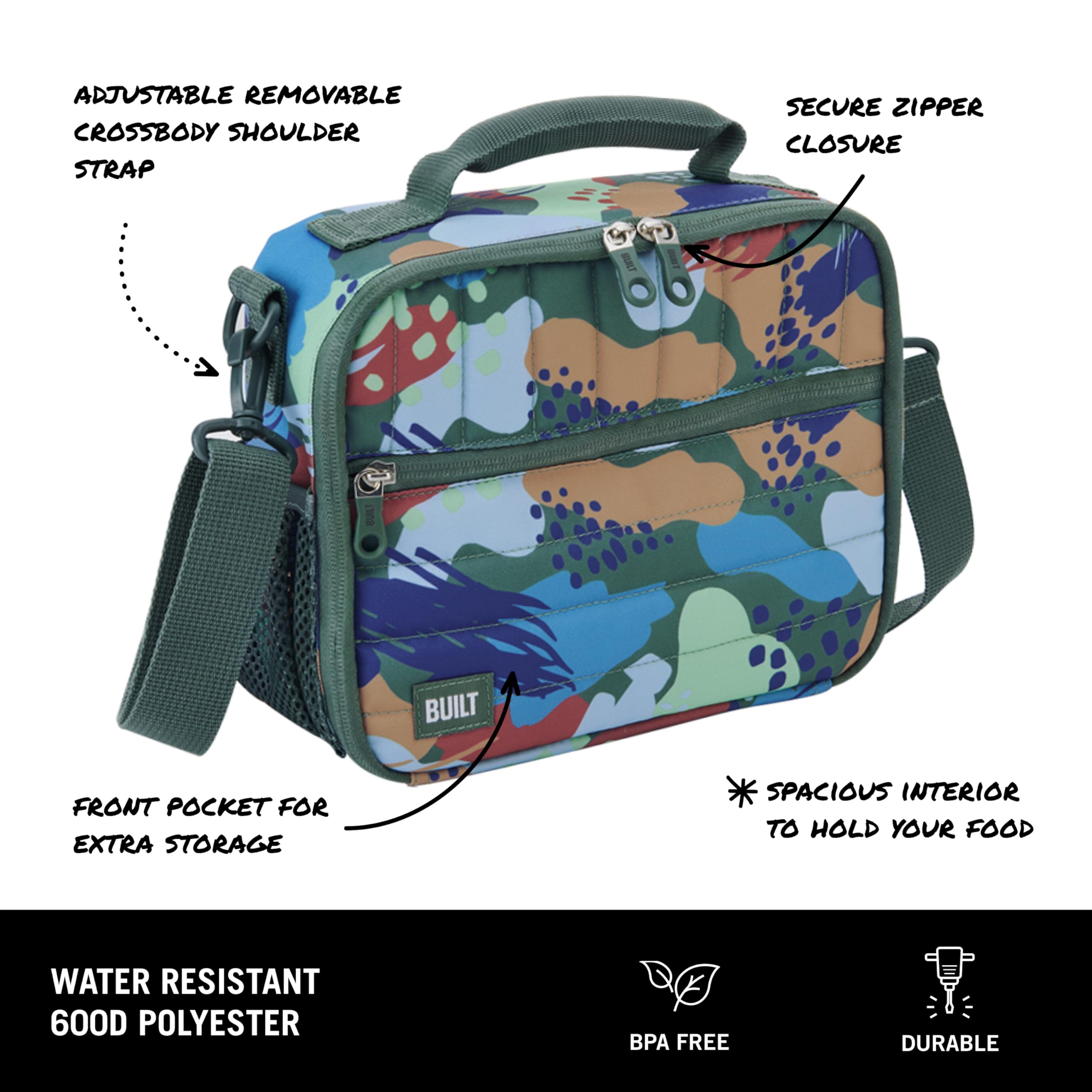 Built Puffer Water-Resistant Polyester Lunch Box, Lightweight Insulated And Reusable With Detachable Adjustable Strap, Forest Gr