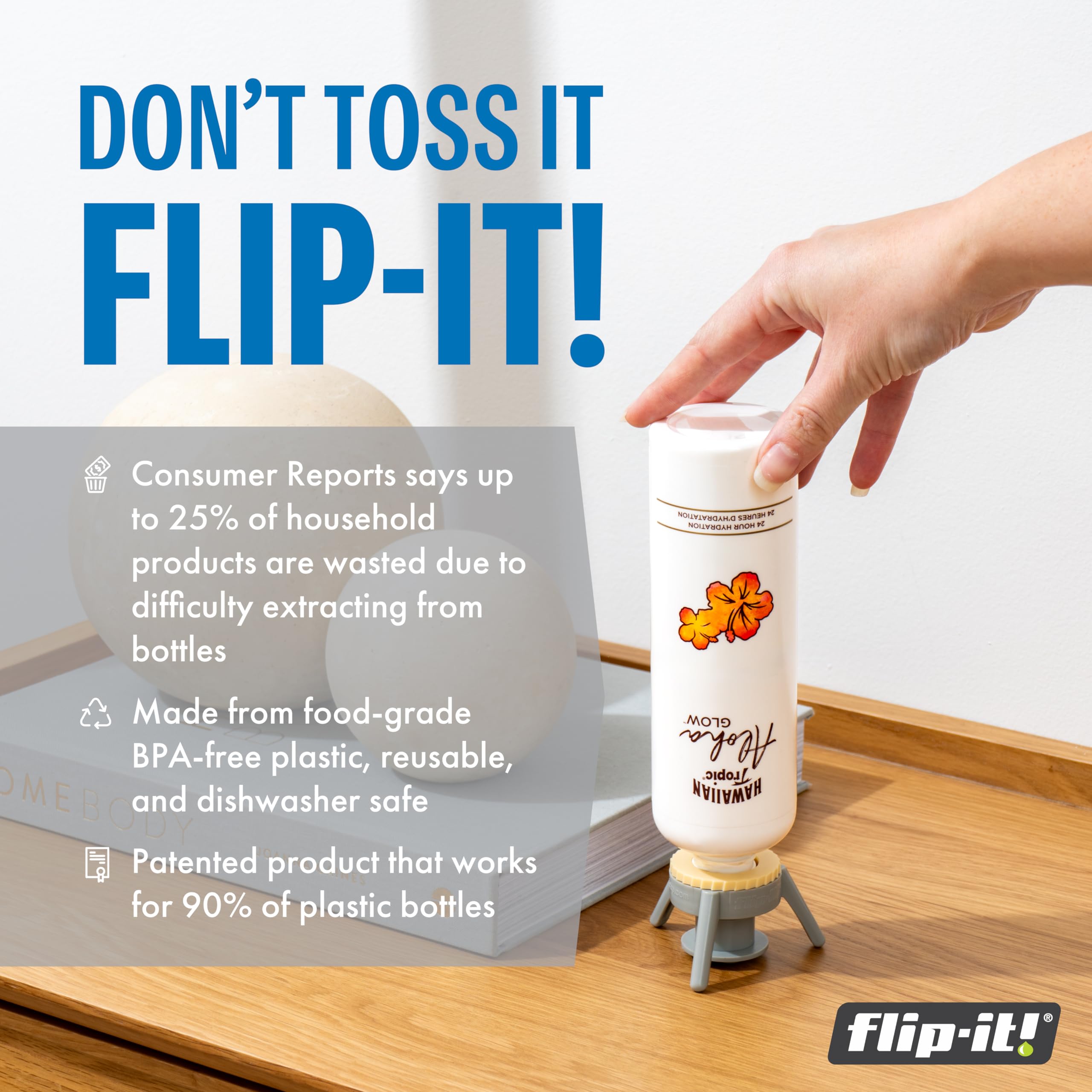 Flip-It! 1-Pack Bottle Emptying Kit - No More Wasted Product - Fits Most Plastic Bottles - Get Out Every Drop Of Shampoos, Lotio