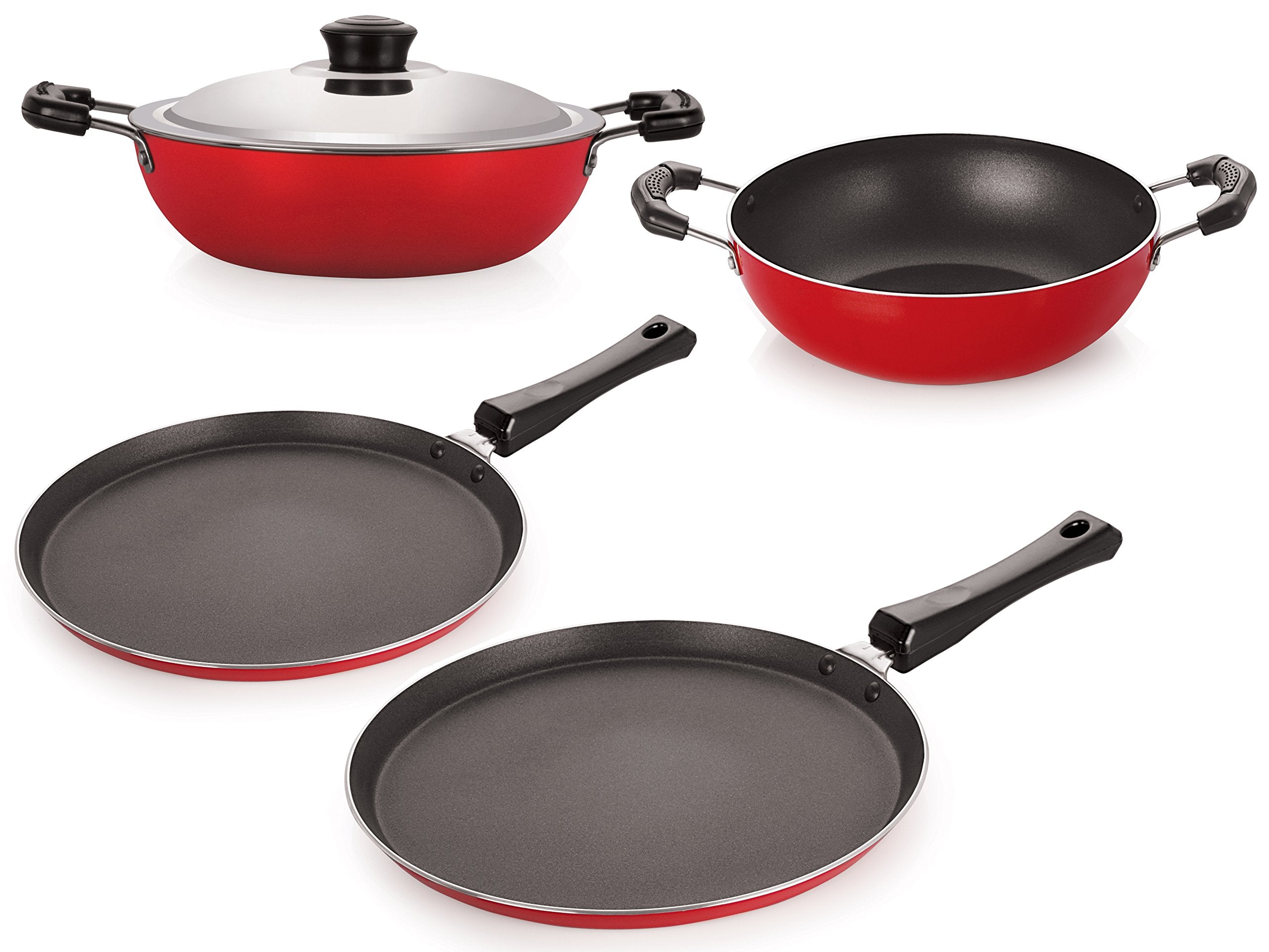 Nirlon NonStick Aluminium Cookware Set, 4Pieces, Red (Ft13_Kd12_Dkdm_Ft10)