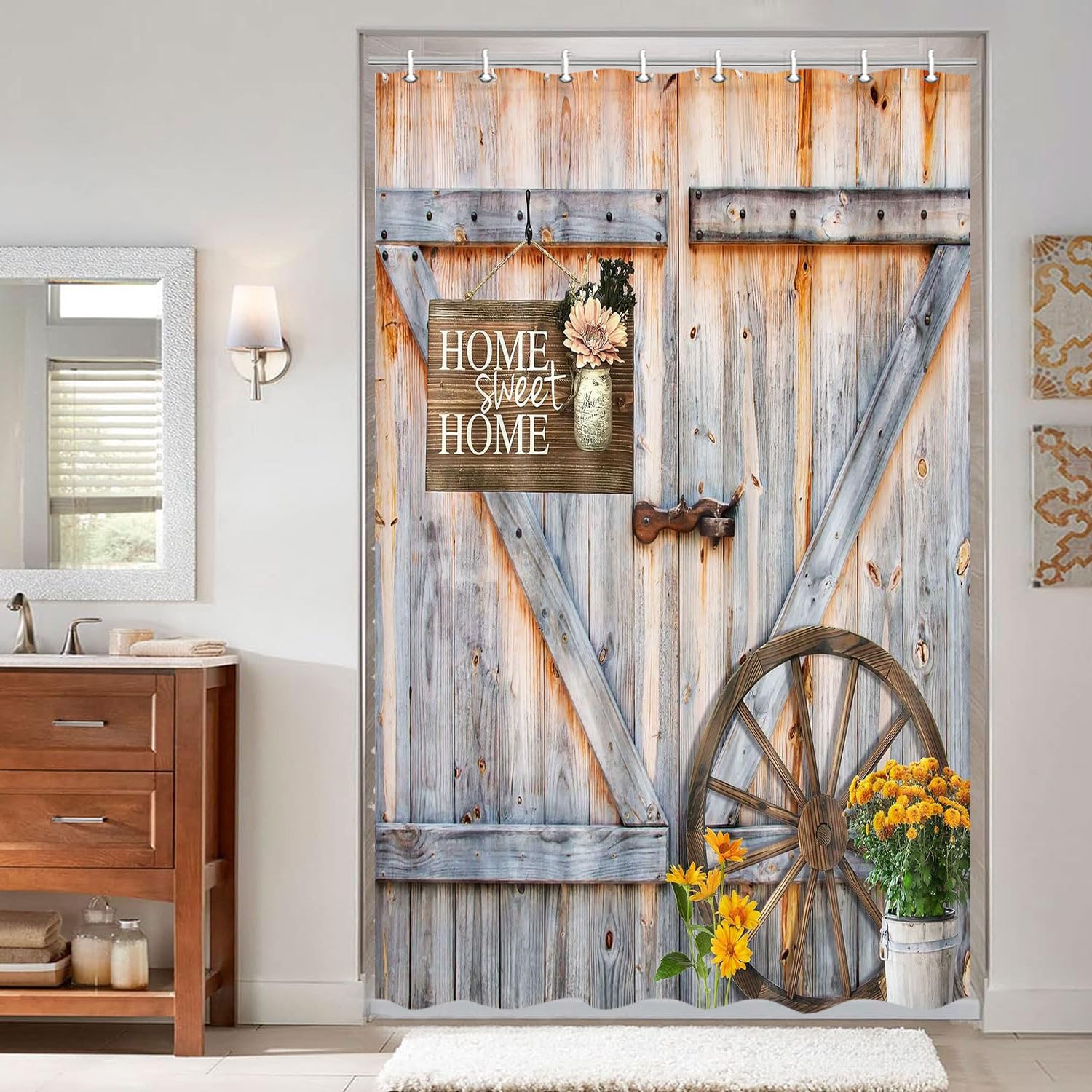 Rustic Barn Door Shower Curtain Sets For Bathroom, Western Farmhouse Yellow Daisy Floral Small Size Curtains For Stall Cabin Hot