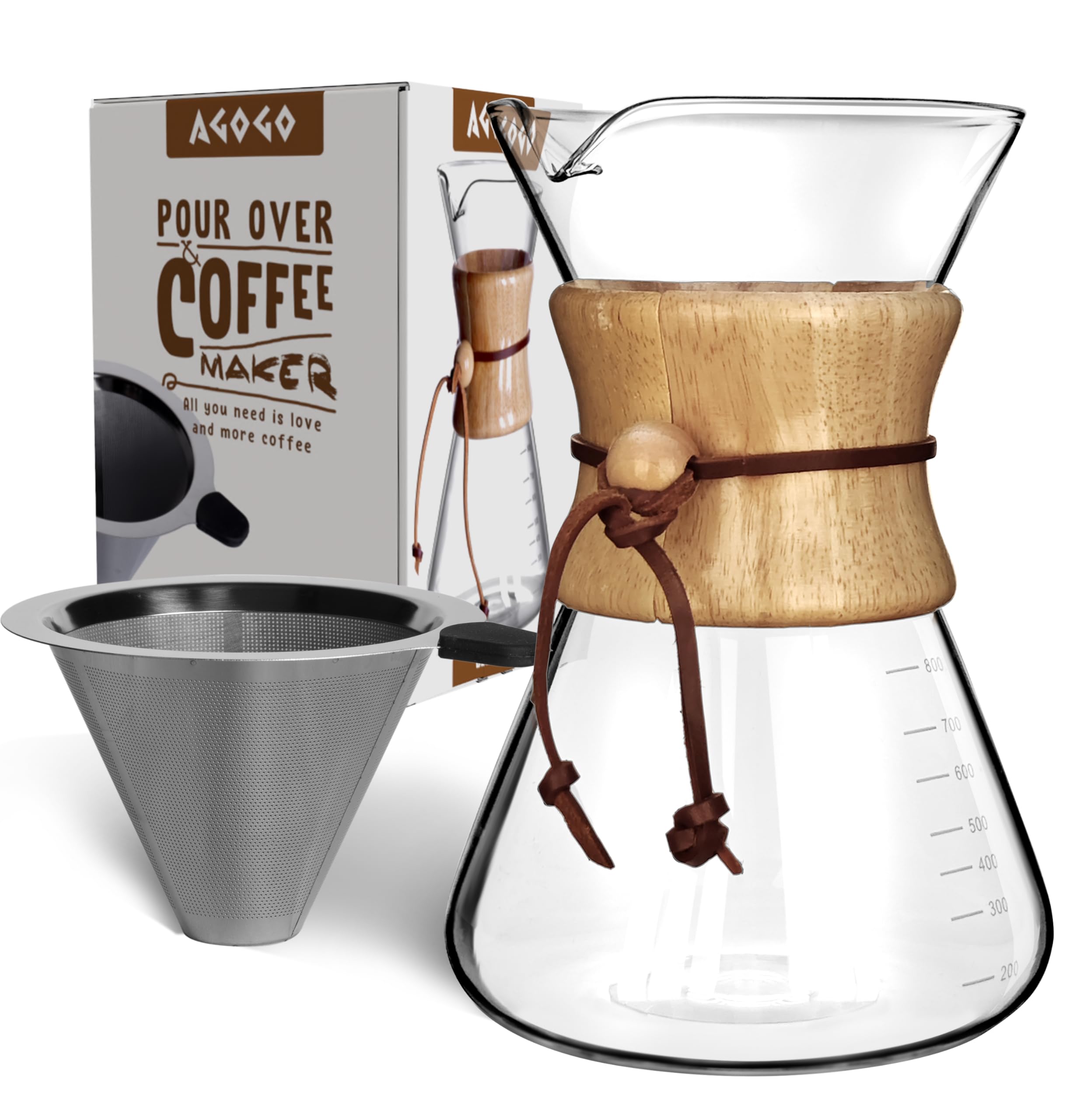 Agogo Pour Over Coffeemaker Set Classic Series With Filter 8 Cup Slim Shape