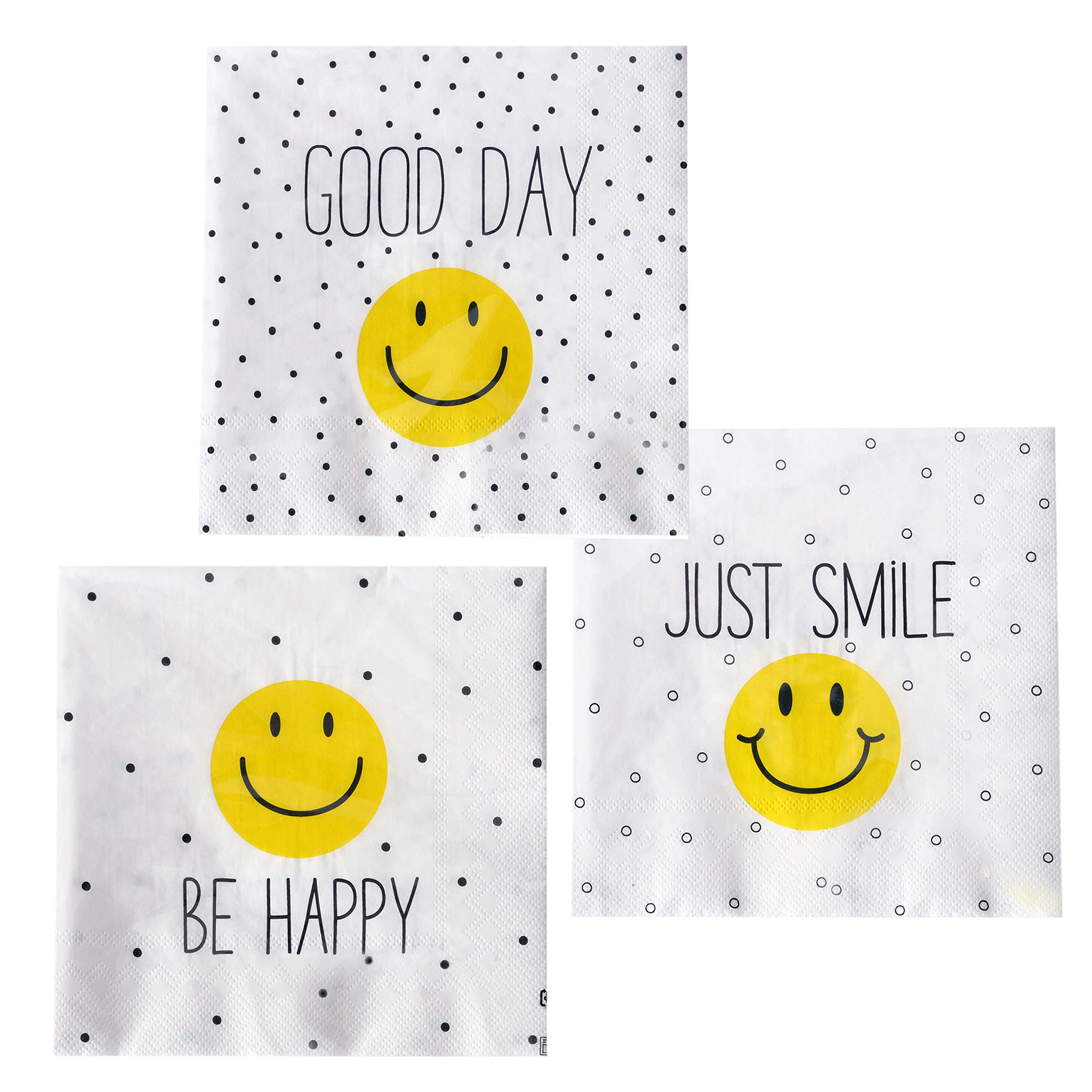 60 Count Smiley Face Party Napkins, 3 Packs Of 20, 3 Ply Paper, Luncheon Size 6.75 X 6.75 Inches, Yellow And Black On White