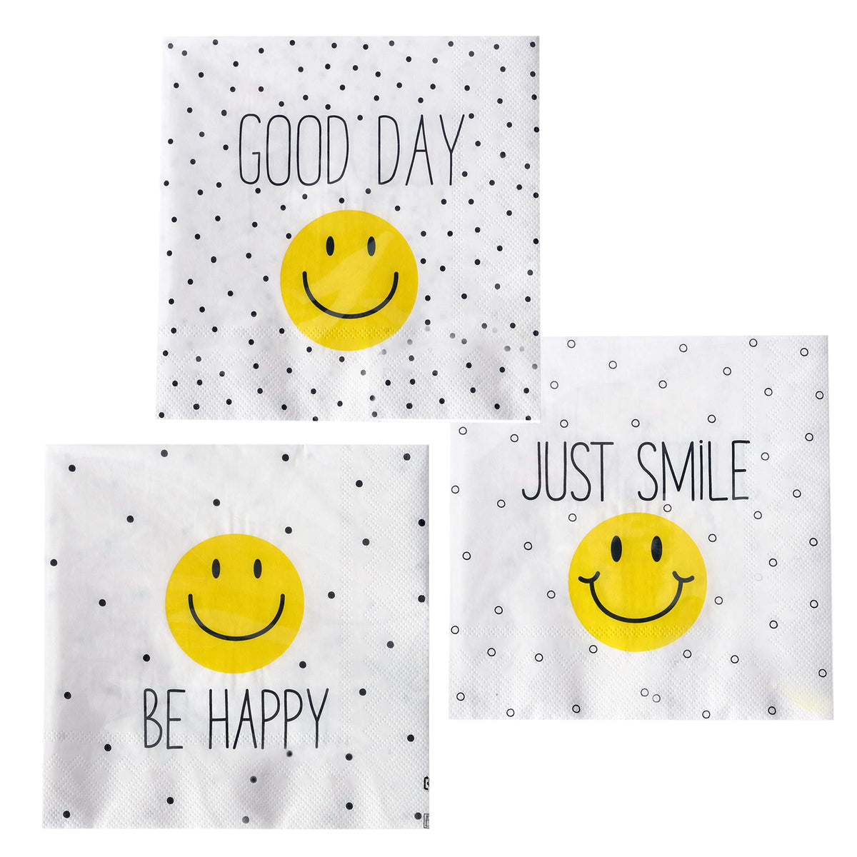 60 Count Smiley Face Party Napkins, 3 Packs Of 20, 3 Ply Paper, Luncheon Size 6.75 X 6.75 Inches, Yellow And Black On White