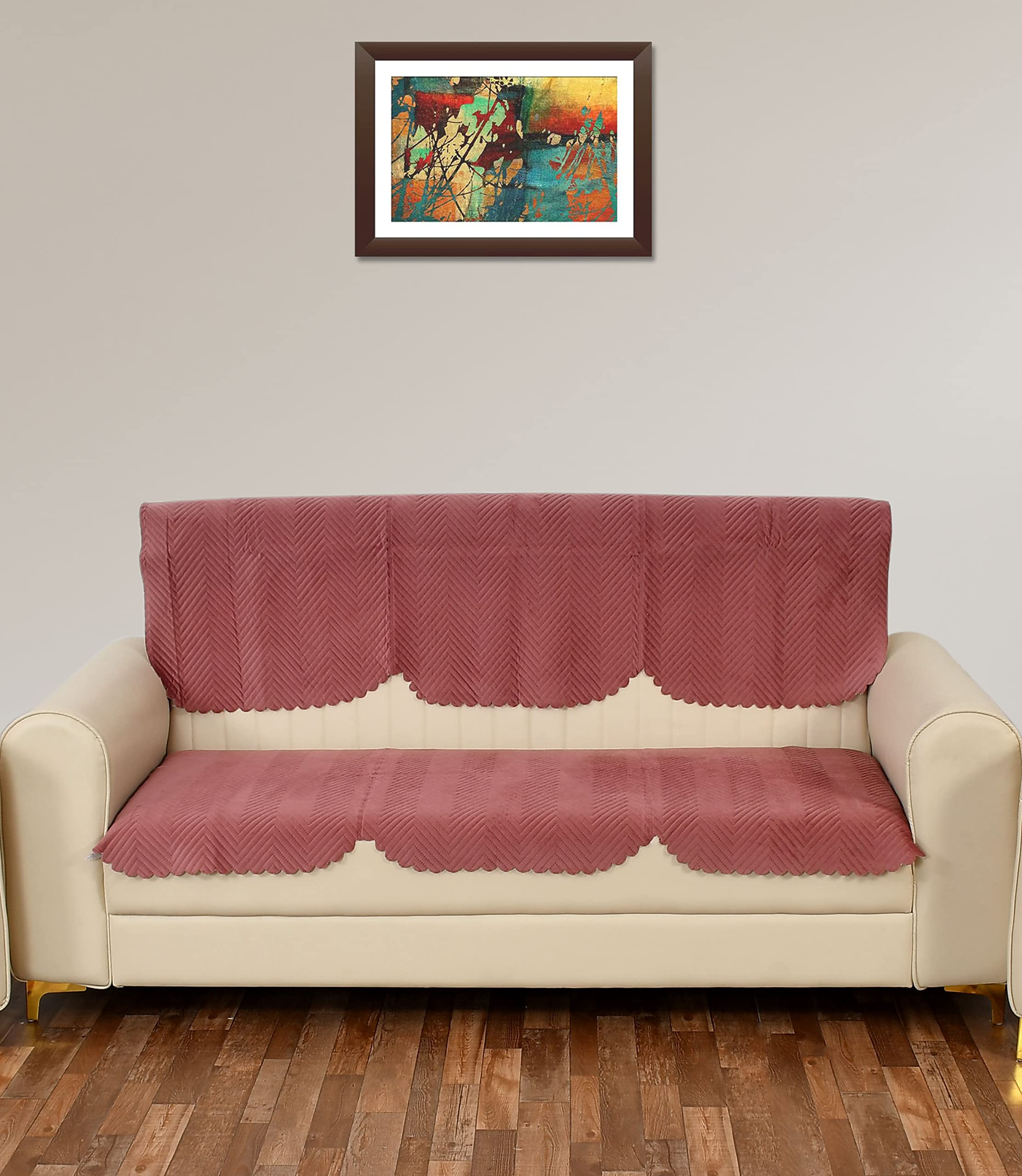 Yellow Weaves Velvet 3 Seater Quilted Sofa Cover And Chair Cover, Seat&Back Cover, Color - Rose Gold