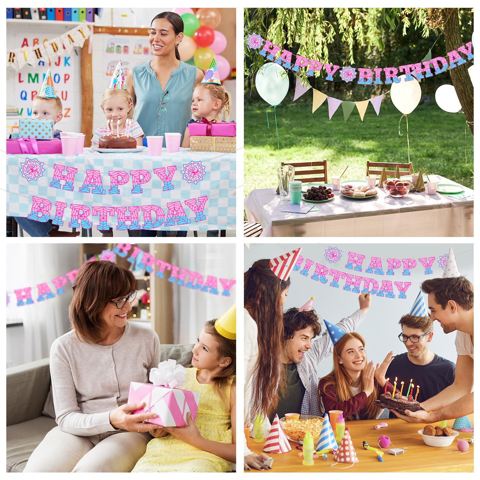 Oudain Ghost Spider Theme Birthday Banner Decorations Pre-strung Spider Web Happy Birthday Banner Flags Sign Cartoon Backdrop Pa