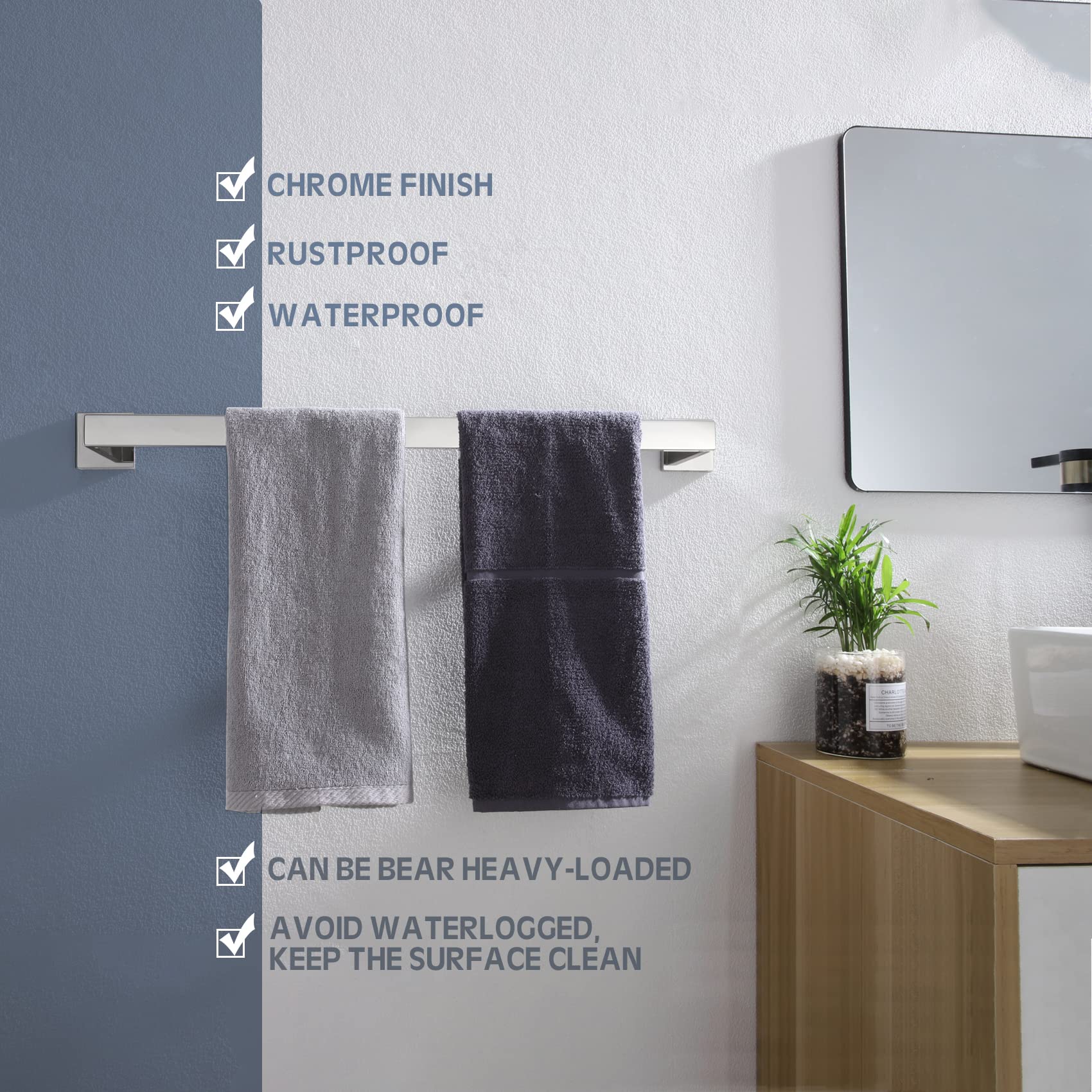 KOKOSIRI 24-Inch Single Towel Bar  Bathroom Kitchen Towel Holder  Wall Mounted SUS304 Stainless Steel Towel Rack  Polished Chrome  B4003CH-L24