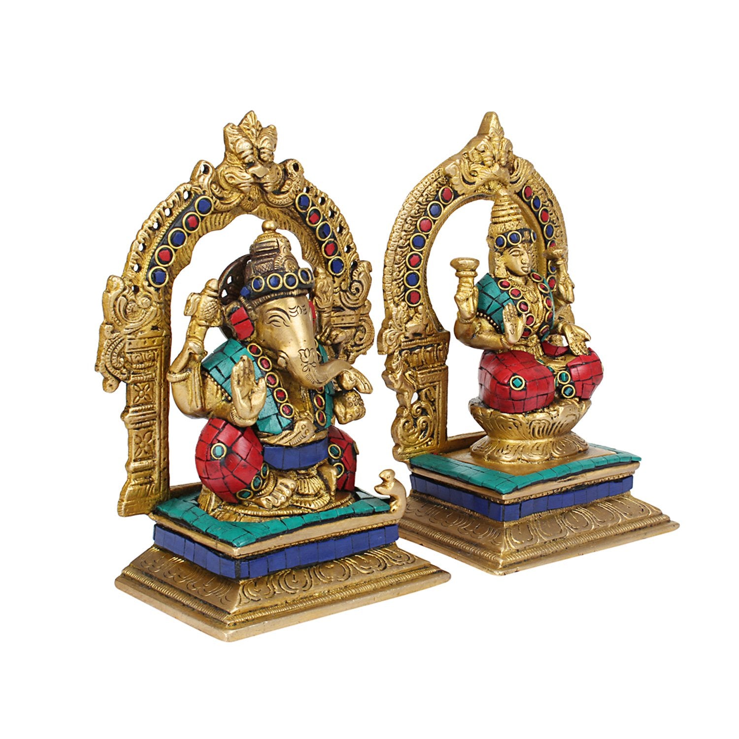 Kartique Brass Laxmi Ganesh Idol Statue Set - 7 Inch Height, Vibrant Colorful Design, Seated Posture, Ideal For Home Decor And W