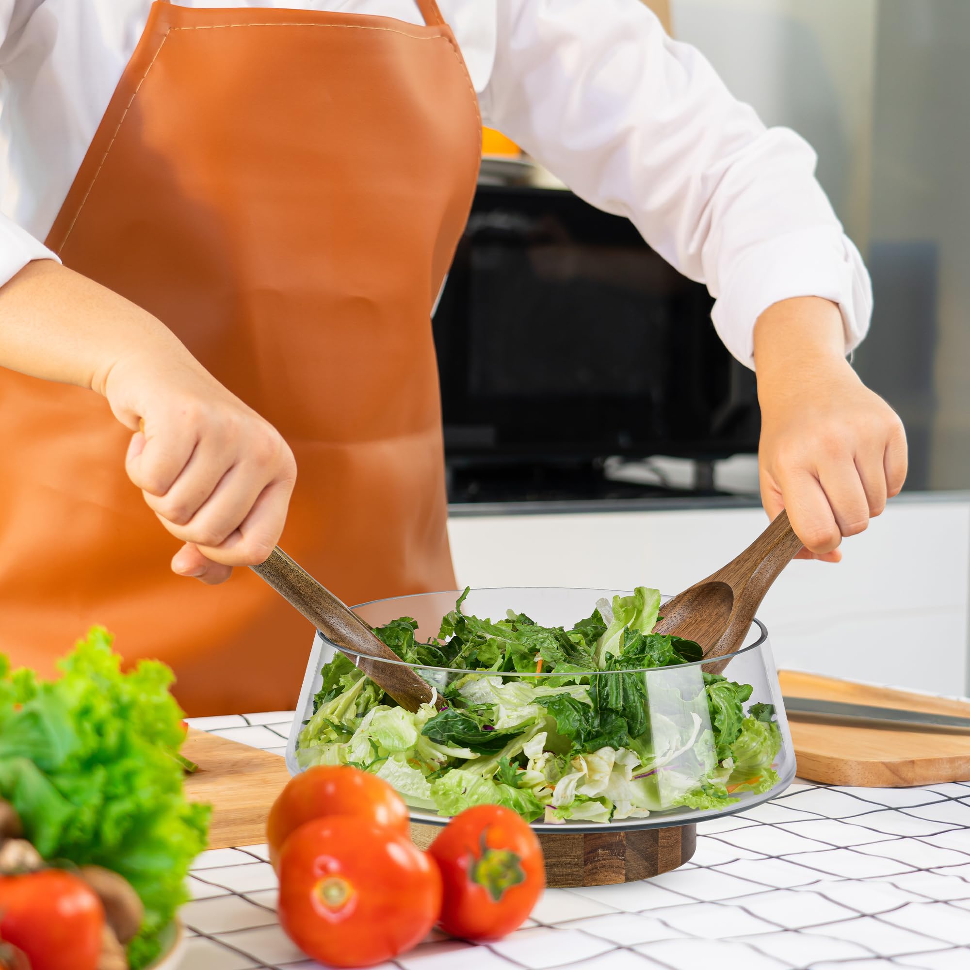 Kiteiscat Extra Large Glass Salad Bowl Set - Salad Bowls For Party With Acacia Wood Base And Salad Serving Utensils - Elegant An