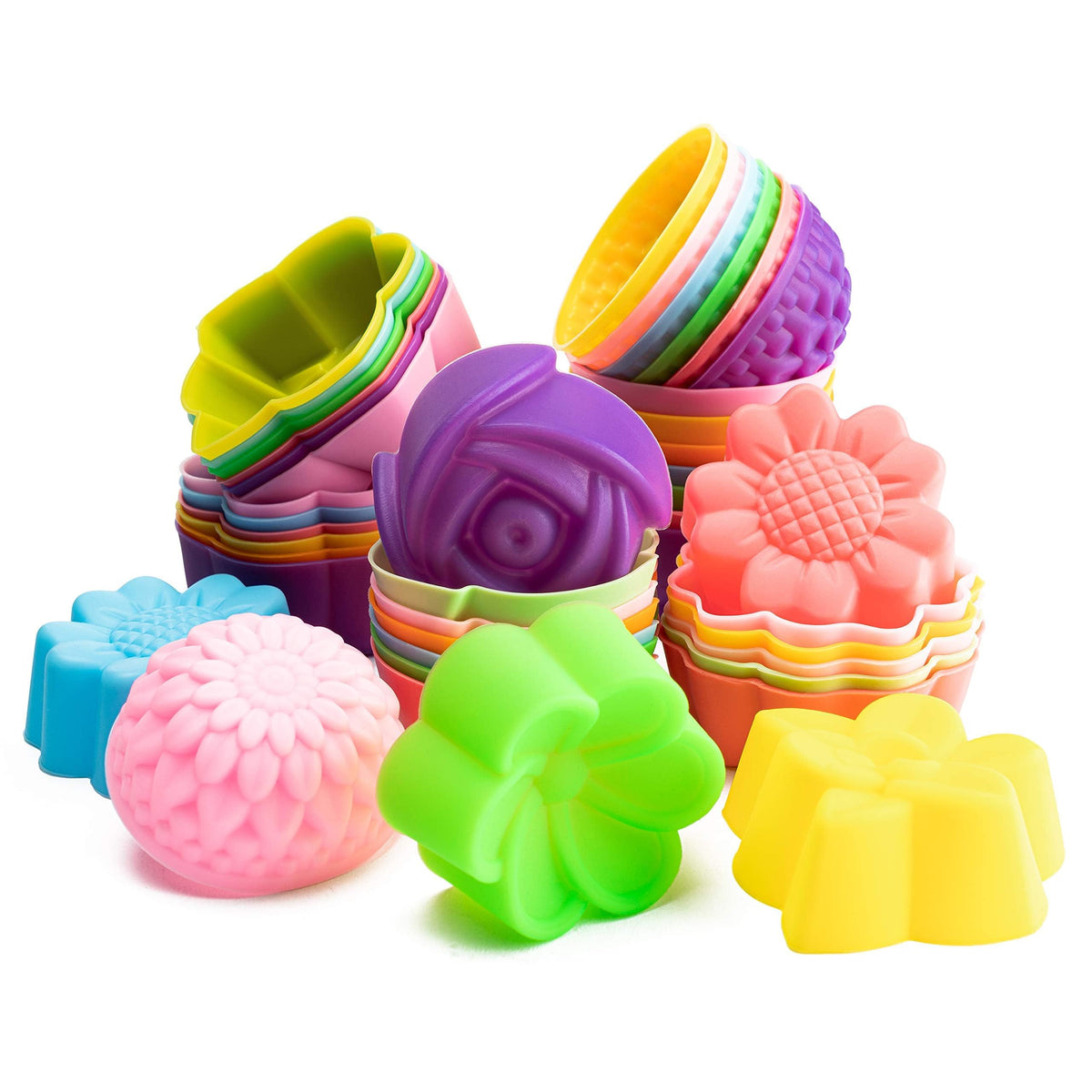 R Horse 42Pcs Silicone Molds Cupcake Multi Flower Shapes Baking Cups Non-Stick Donut Wrapper Mold Muffin Liners Washable For Pan