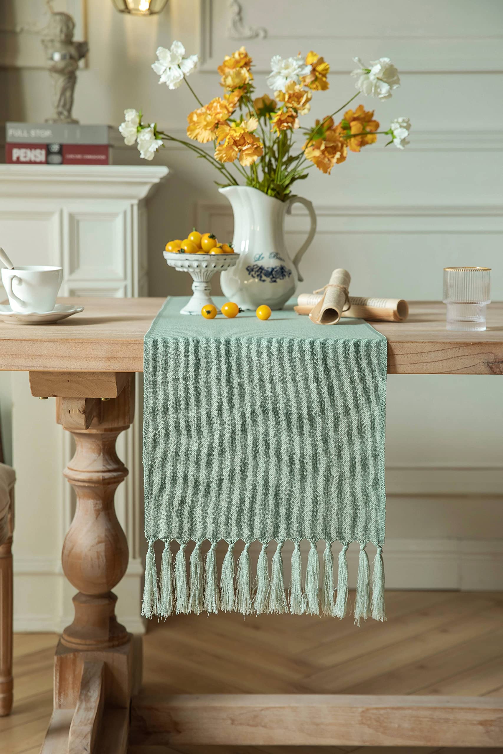 Zeemart Sage Table Runners 48 Inches Long, Burlap Linen Style Rustic Farmhouse Table Runner, Small Short Boho Coffee Table Runne