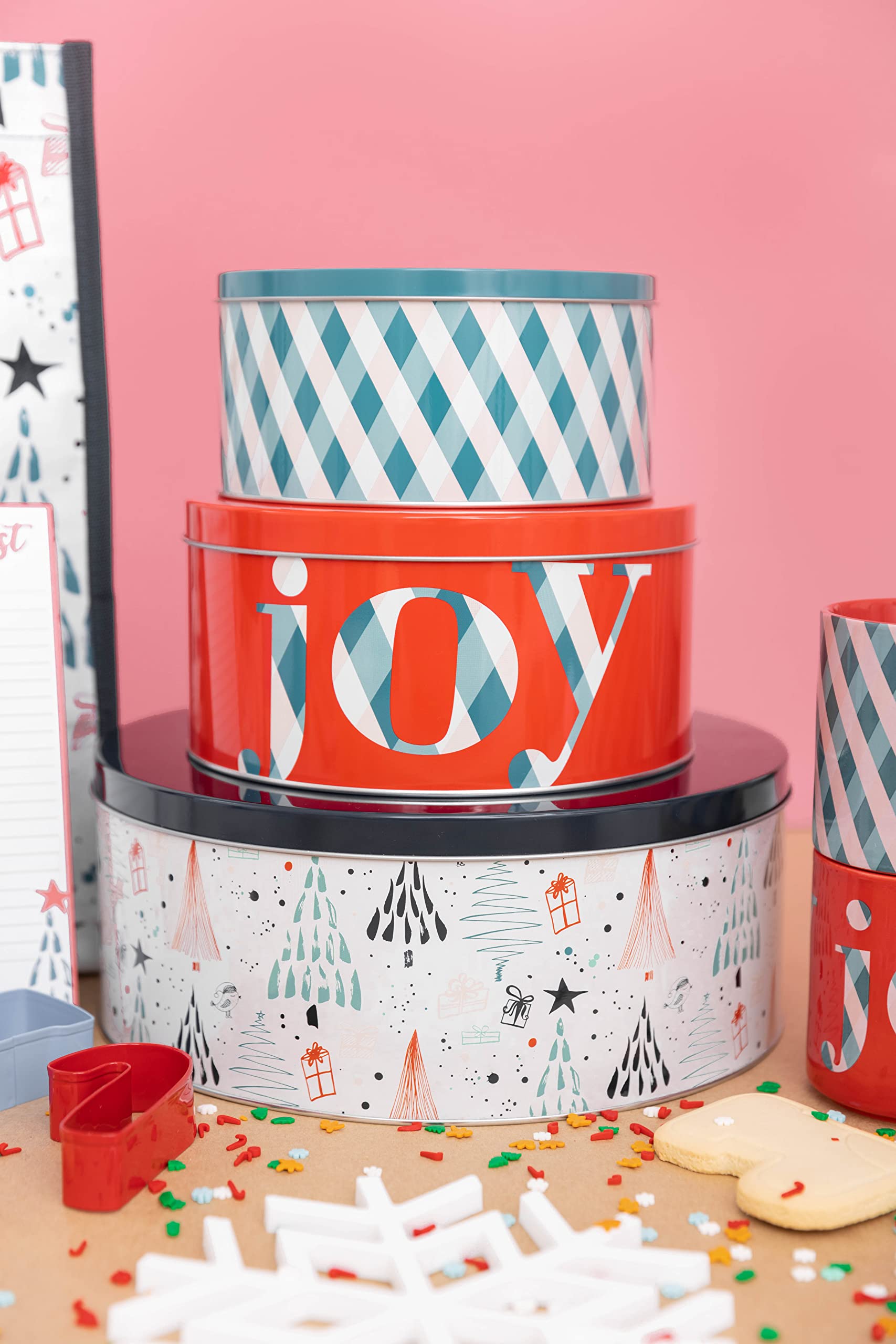 Steel Mill & Co Tin Containers With Lids, 3 Pack Christmas Cookie Tins, Festive Cookie Tins For Gift Giving & Holiday Treats, Ro
