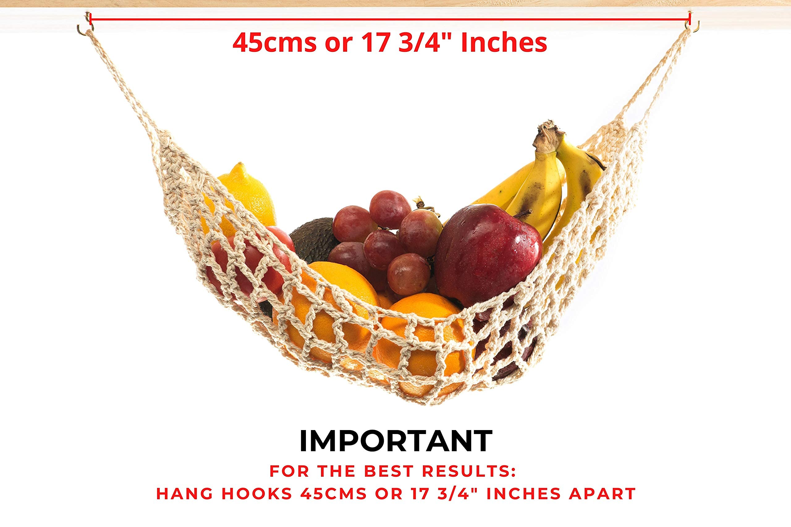 Nomnu Hanging Fruit Hammock - Handwoven Cotton Basket Storage, Beige, Includes 2 Hooks - Boho Kitchen Decor for Home, RV, Camper