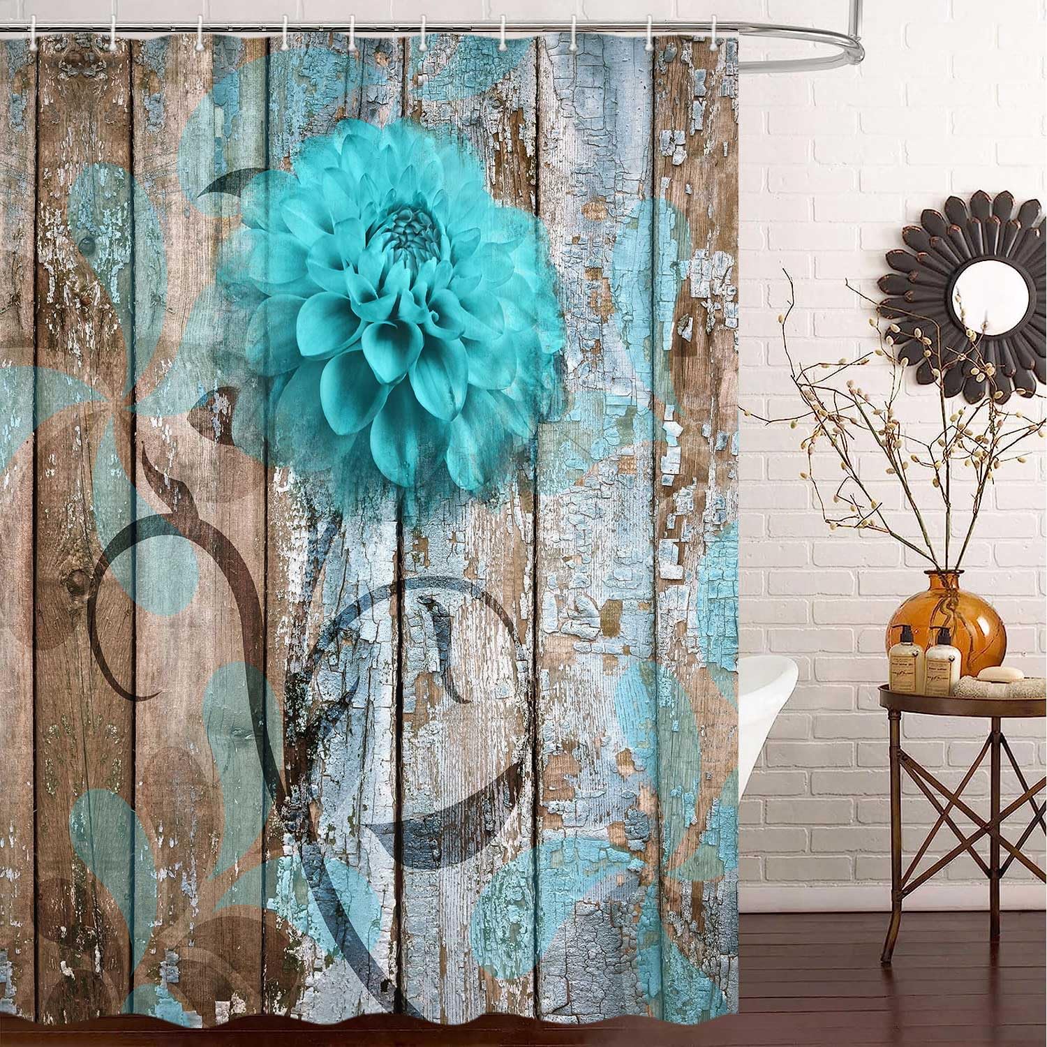 Jawo Farmhouse Flower Floral Shower Curtain, Rustic Teal Turquoise Dahlia Shower Curtain Set, Country Blue Wild Garden Plant Fab