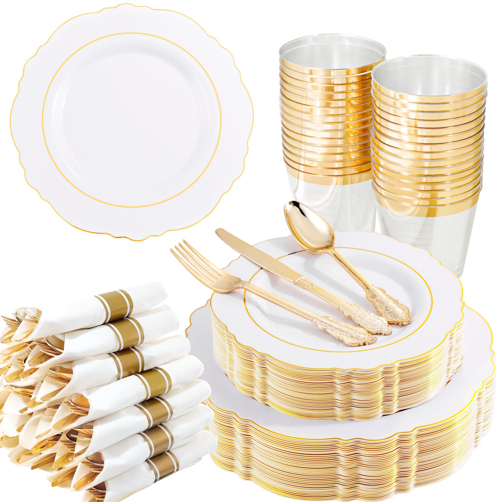 Liacere 350Pcs Gold Plastic Plates-Disposable White And Gold Plates 50Guest Baroque Plastic Dinnerware Include 100Plates, 50Pack