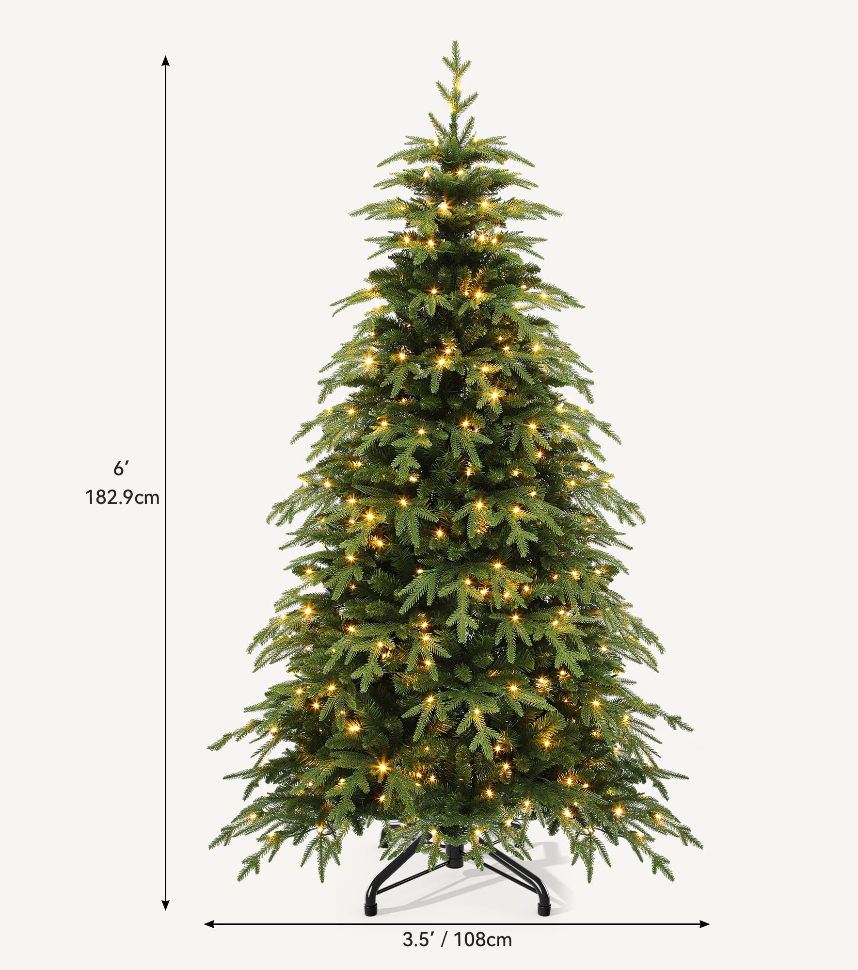 DWVO 6ft Prelit Christmas Tree with Lights, Full Downswept Artificial Fir Twinkle Christmas Tree with 1628 Metal Hinged Flame Re