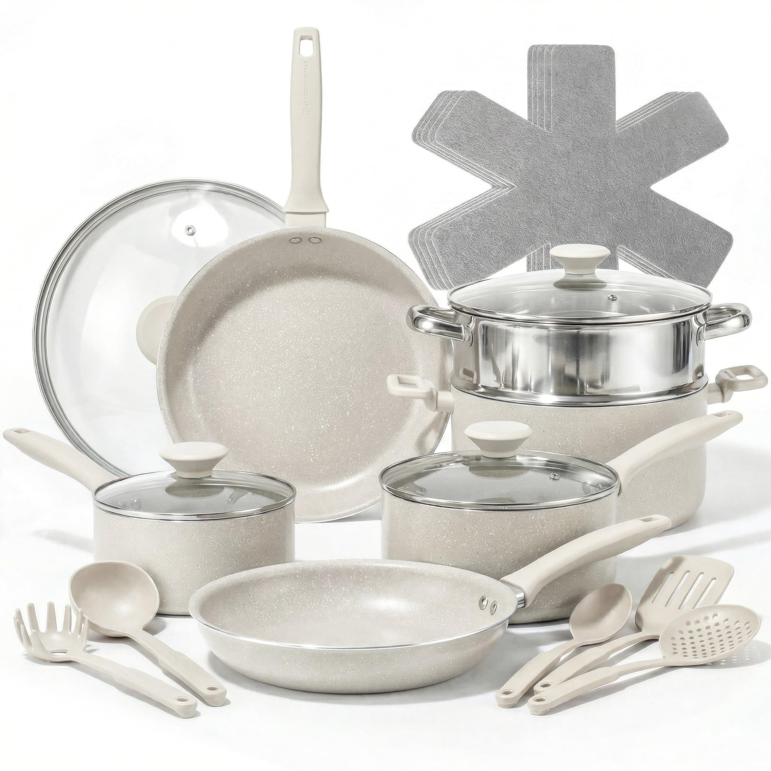 Granitestone 20 Pc Pots and Pans Set Non Stick Cookware Set with Steamer, Cooking Utensils and Pad Protectors, Stay Cool Handles