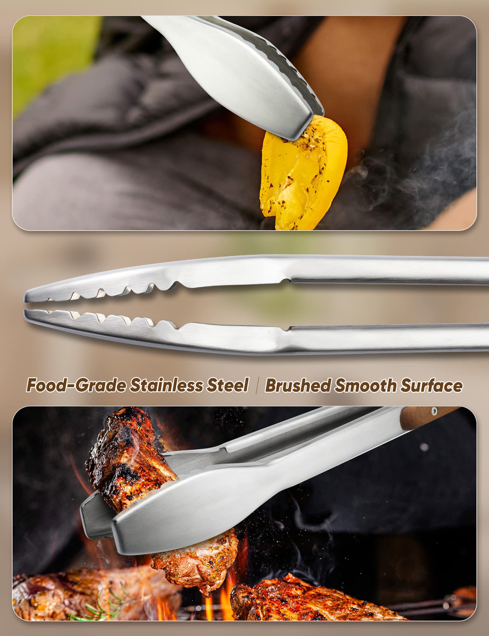 Wood-Handled Grill Tongs, 19.5''/50Cm Extra Long Bbq Tongs, Heavy Duty Premium Stainless Steel Metal Tongs With Solid Wood Handl