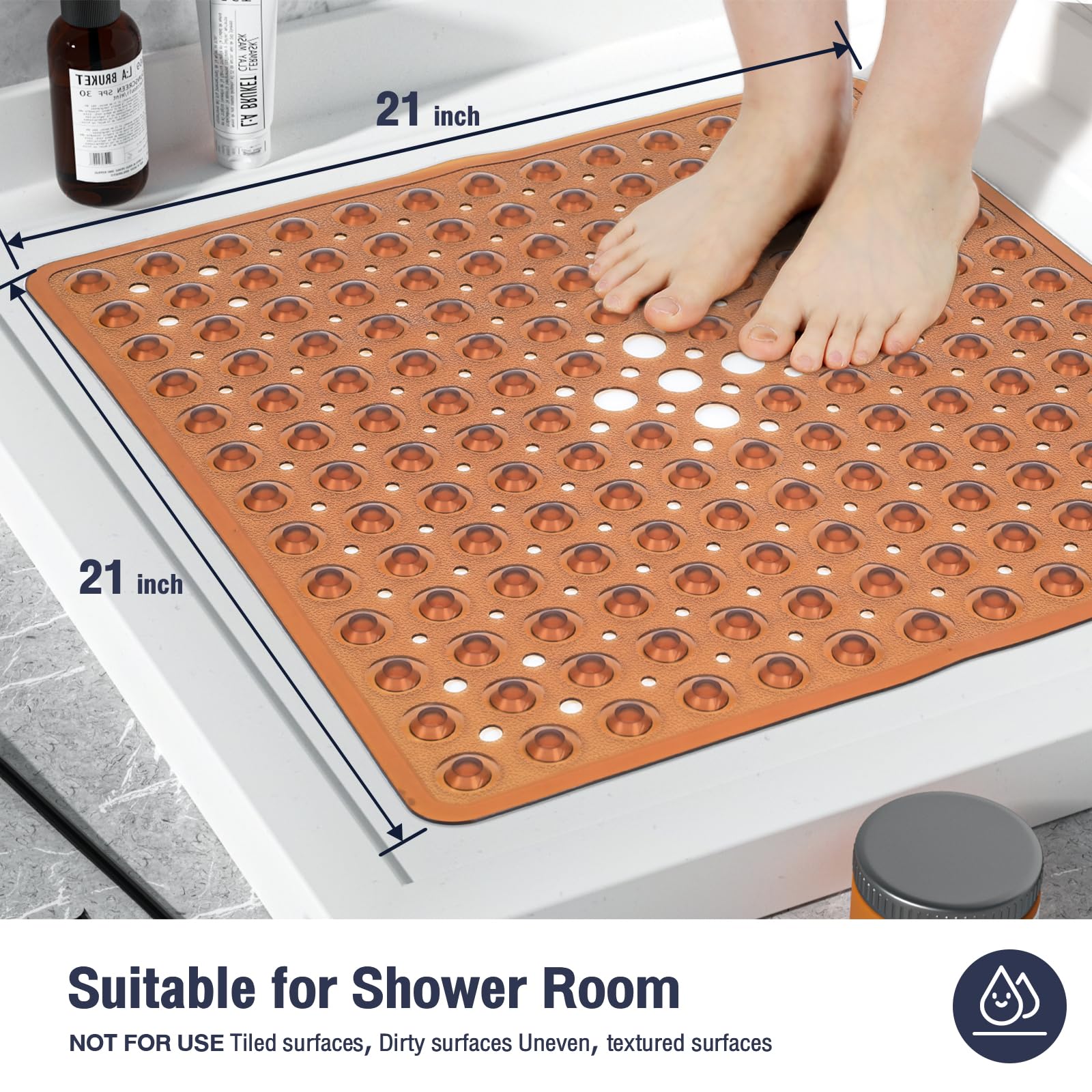 Naoloture Square Shower Bathtub Mat Non Slip For Inside Shower Clear Brown 21X21 Inch, Shower Stall Mats For Bathroom Floor, Sof