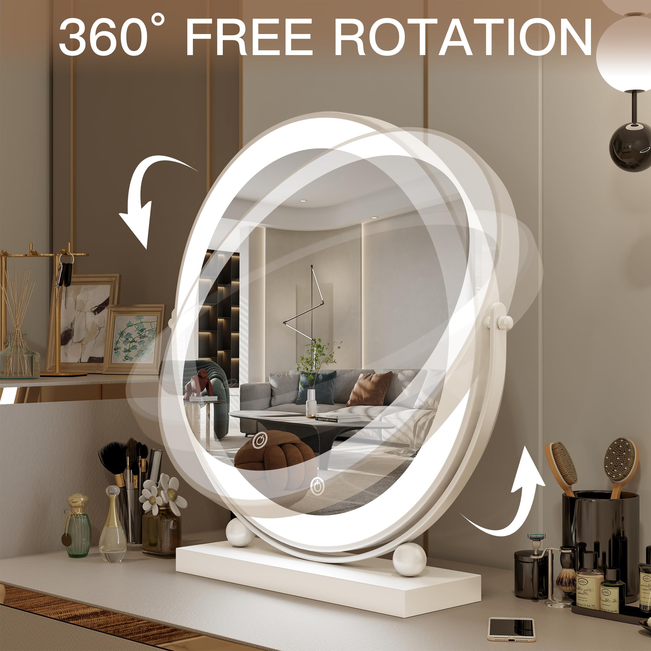 Rolove 13 Inch Vanity Mirror With Lights, Round Make Up Mirror With Lighting, Led Mirror Makeup Mirror With Lights For Bedroom T