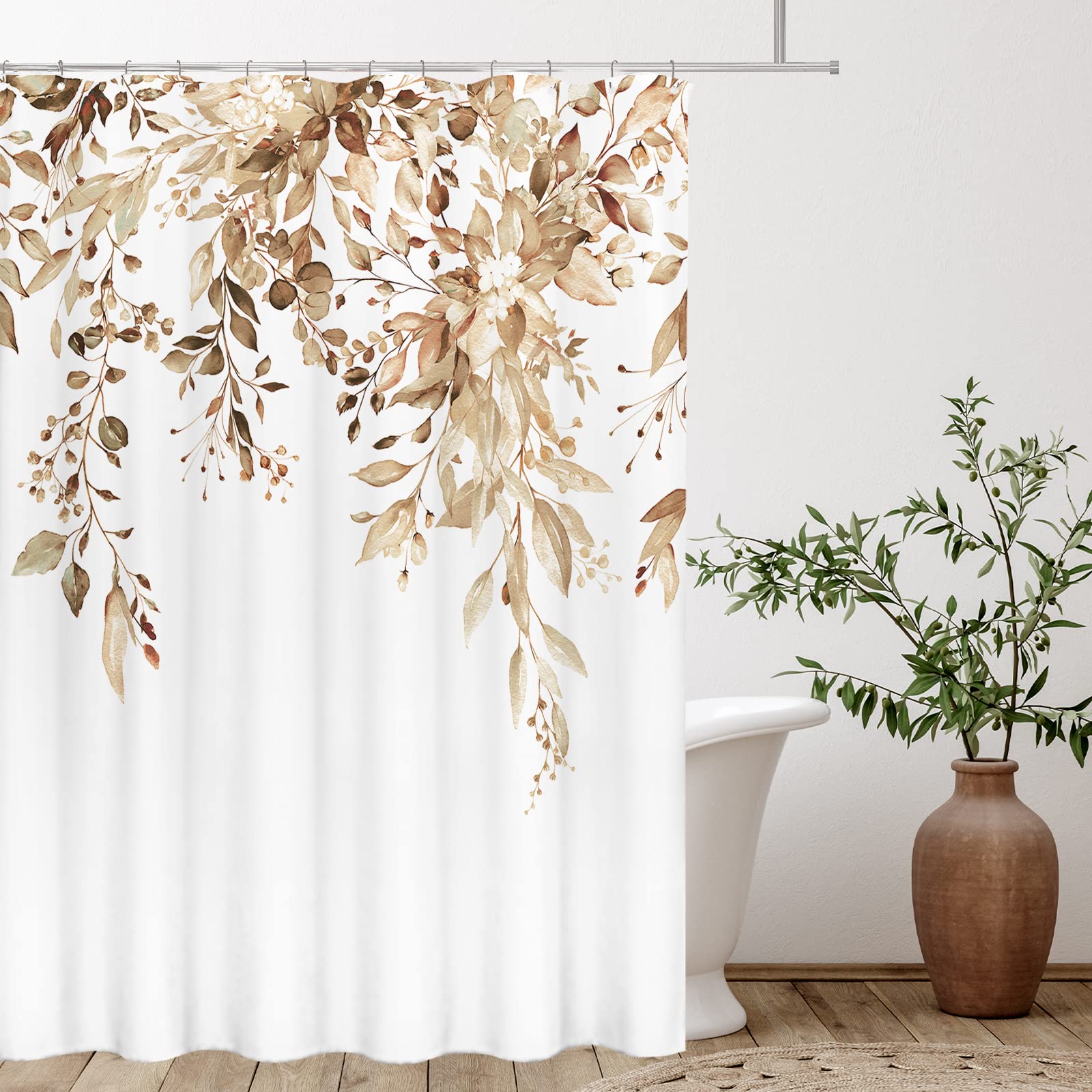Tititex Tan Eucalyptus Shower Curtain Sets, Watercolor Light Brown Leaves On The Top Plant With Floral Bathroom Decoration 72X84