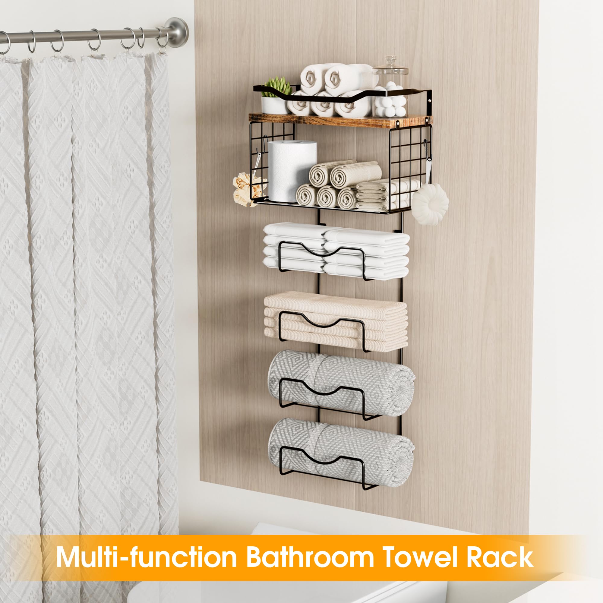 Lidtop Towel Racks For Bathroom,Towel Rack Wall Mounted, 6 Tier Rolled Or Folded Towel Holder With Floating Shelves, Bathroom To