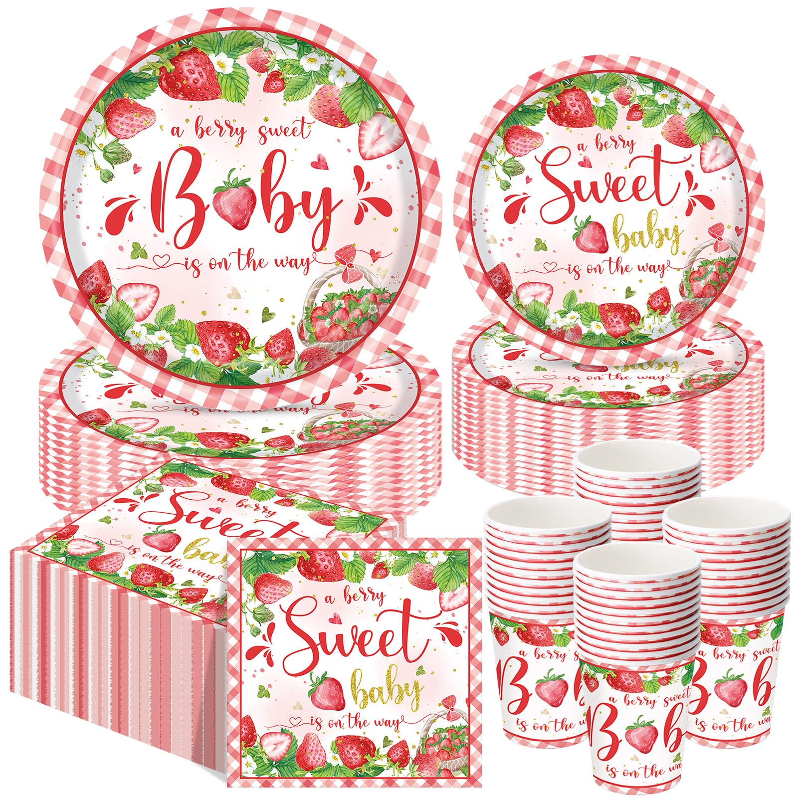 Funnymoom 250 Pcs Strawberry Baby Shower Party Supplies for Girls Strawberry Paper Plates Napkins and Cups Party Tableware Set A