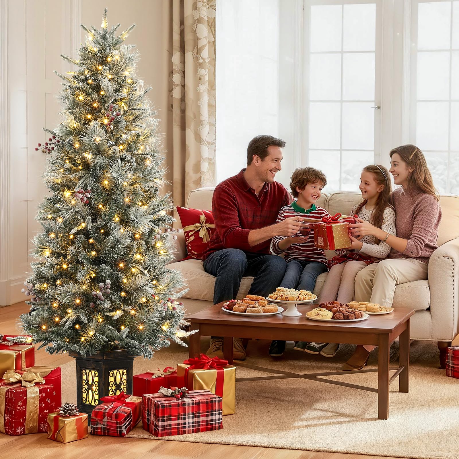 Garvee Pre-lit Artificial Christmas Tree with Warm White Lights, Snow Flocked Full Christmas Tree 4.5 ft with 8 Light-Modes, Pre