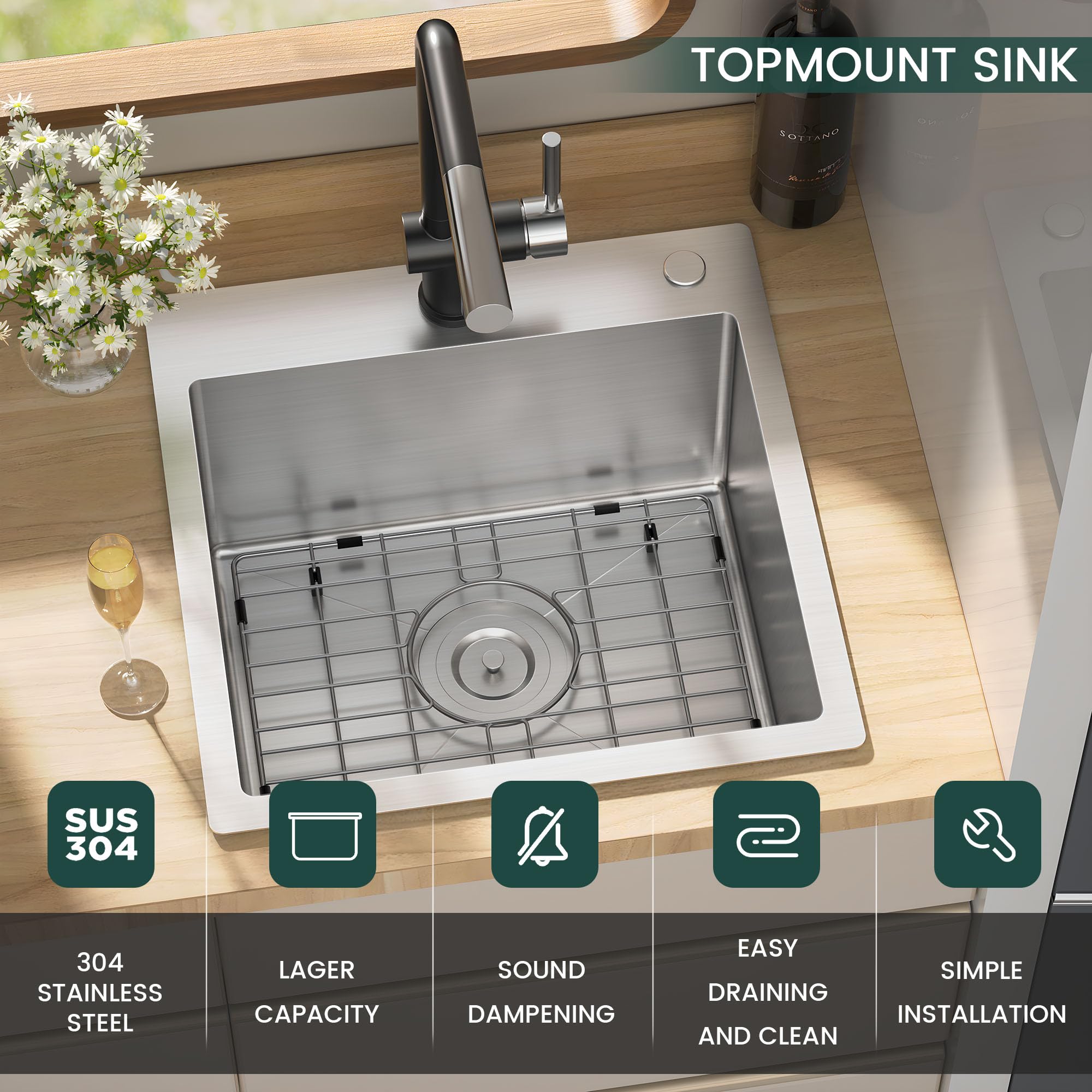 TORVA 18-Inch Drop-in Kitchen Sink  16 Gauge Stainless Steel Topmount Single Bowl - 9 Inches Deep Bar/Prep Basin