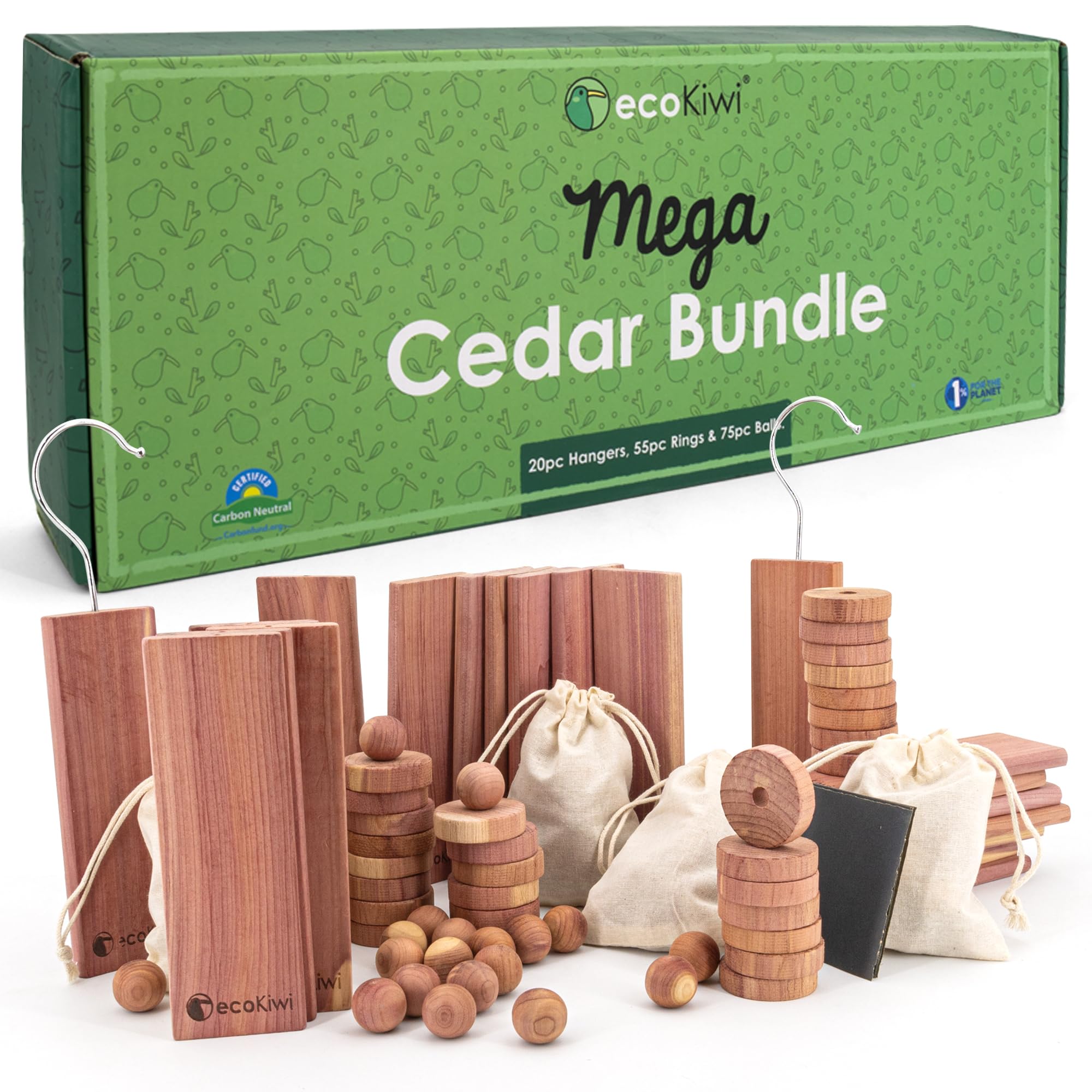 Ecokiwi Cedar Blocks For Clothes Storage Mega Bundle Box - Cedar Hangers X20, Balls X75 & Rings X55-100% Natural Oil Planks & Ch