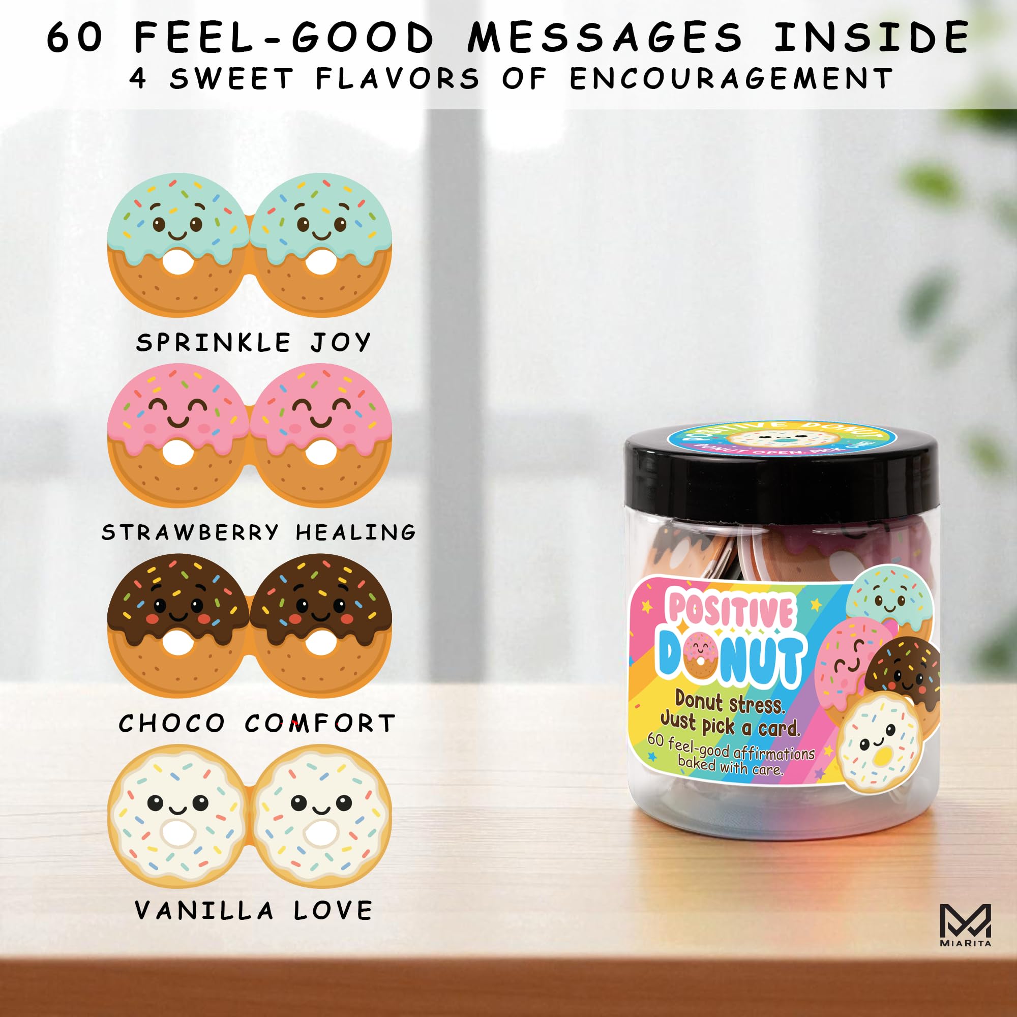 Miarita Positive Donuts Jar, Emotional Inspirational Support 60 Affirmation Cards, Cheer Up Cute Donut Gifts for Teen Girls, Dau