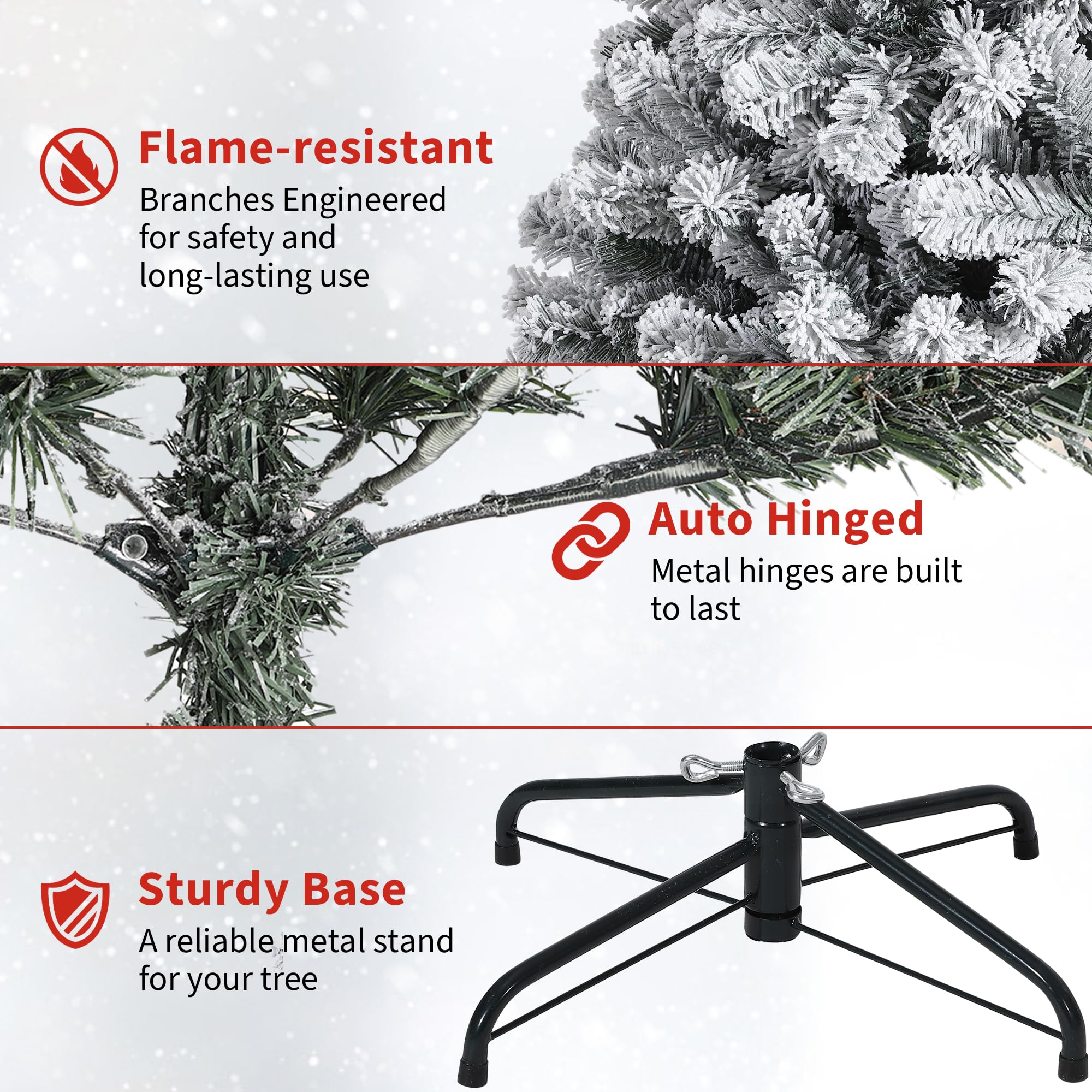 9FT Prelit Fluffy Snow Flocked Fraser Fir Artificial Christmas Tree with Warm White Lights, Hinged Branches, 2000 Tips, Artifici